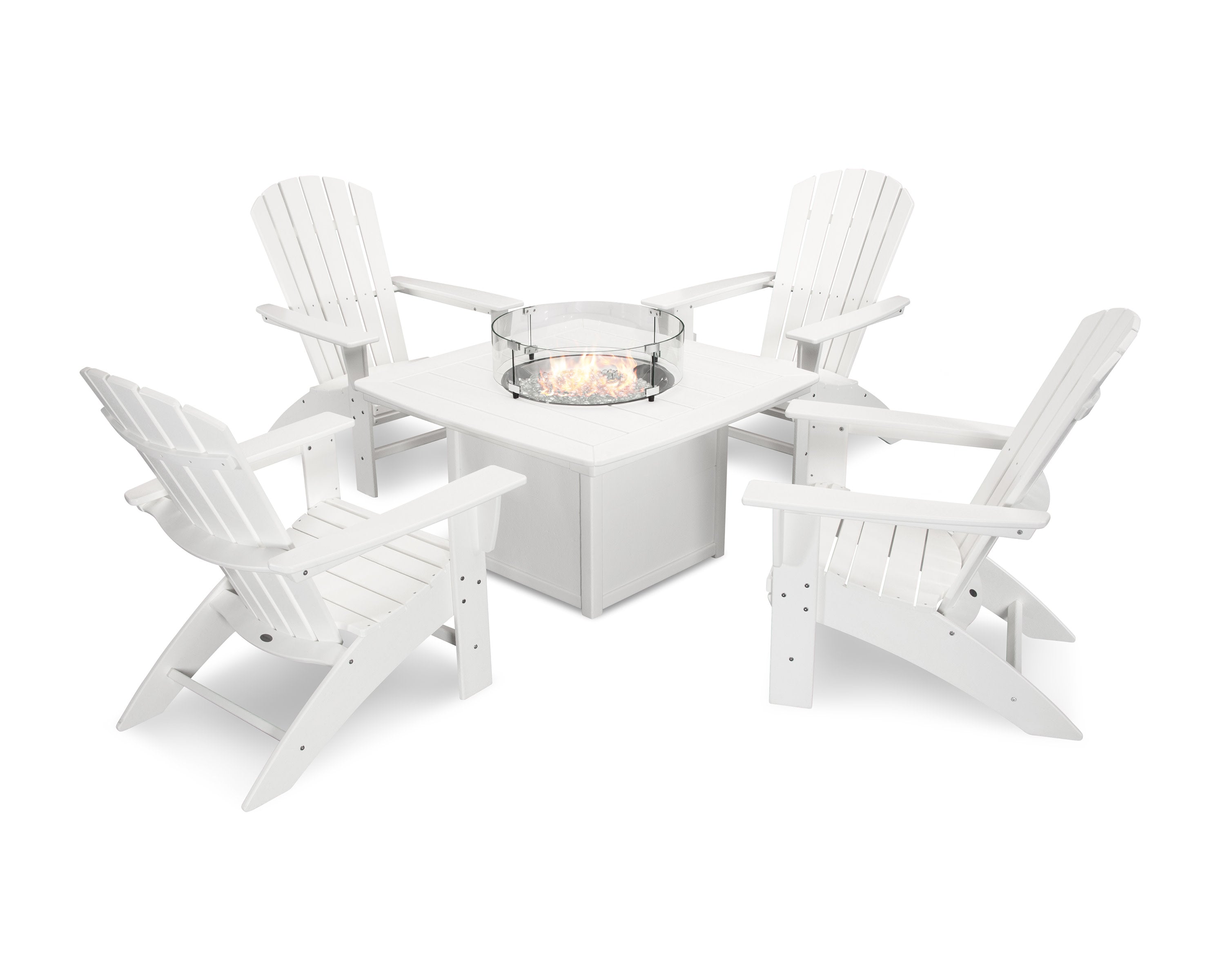 Nautical Curveback Adirondack 5-Piece Conversation Set with Fire Pit Table in White