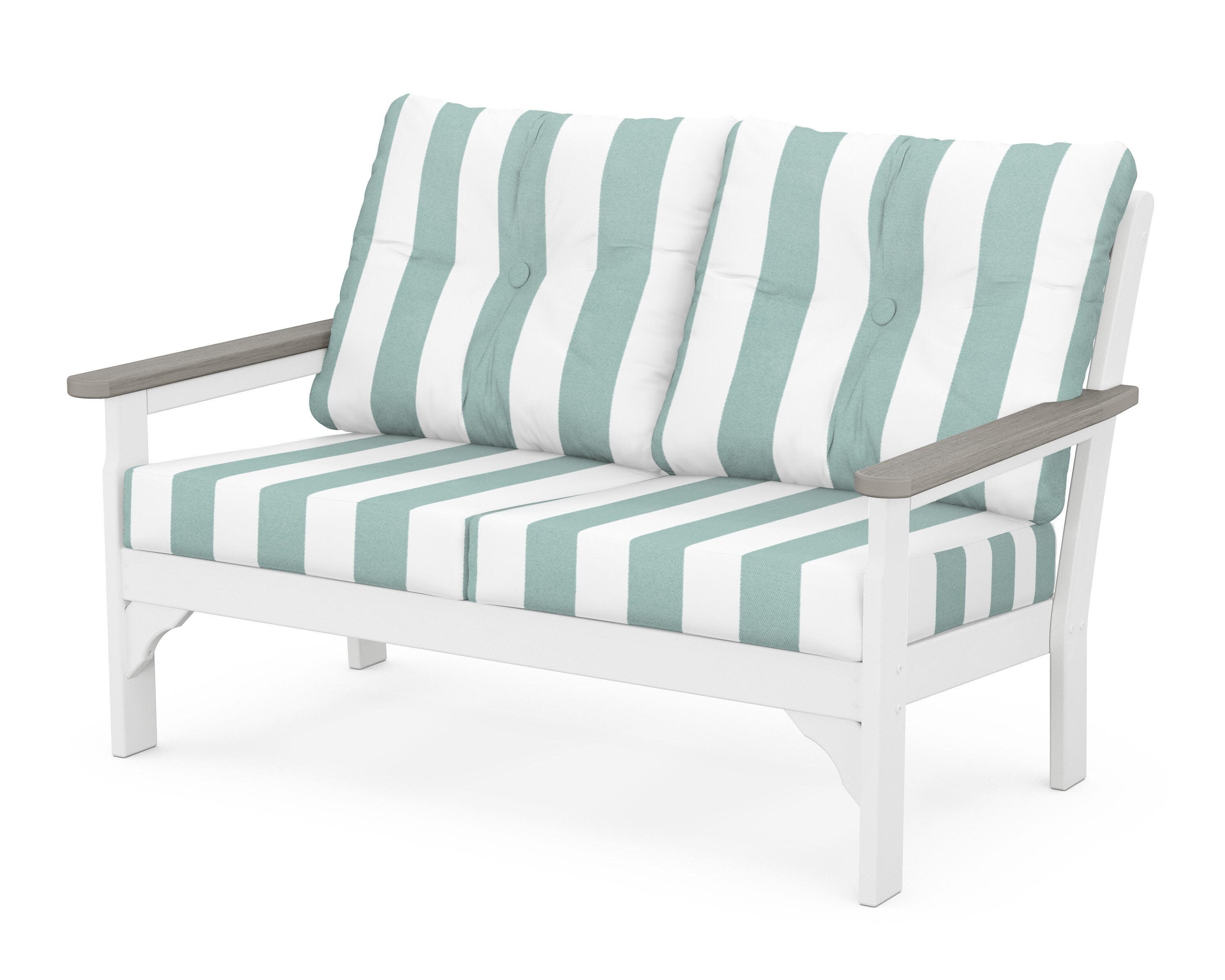 Vineyard Deep Seating Loveseat in White / Driftwood / Cabana Stripe Glacier Spa