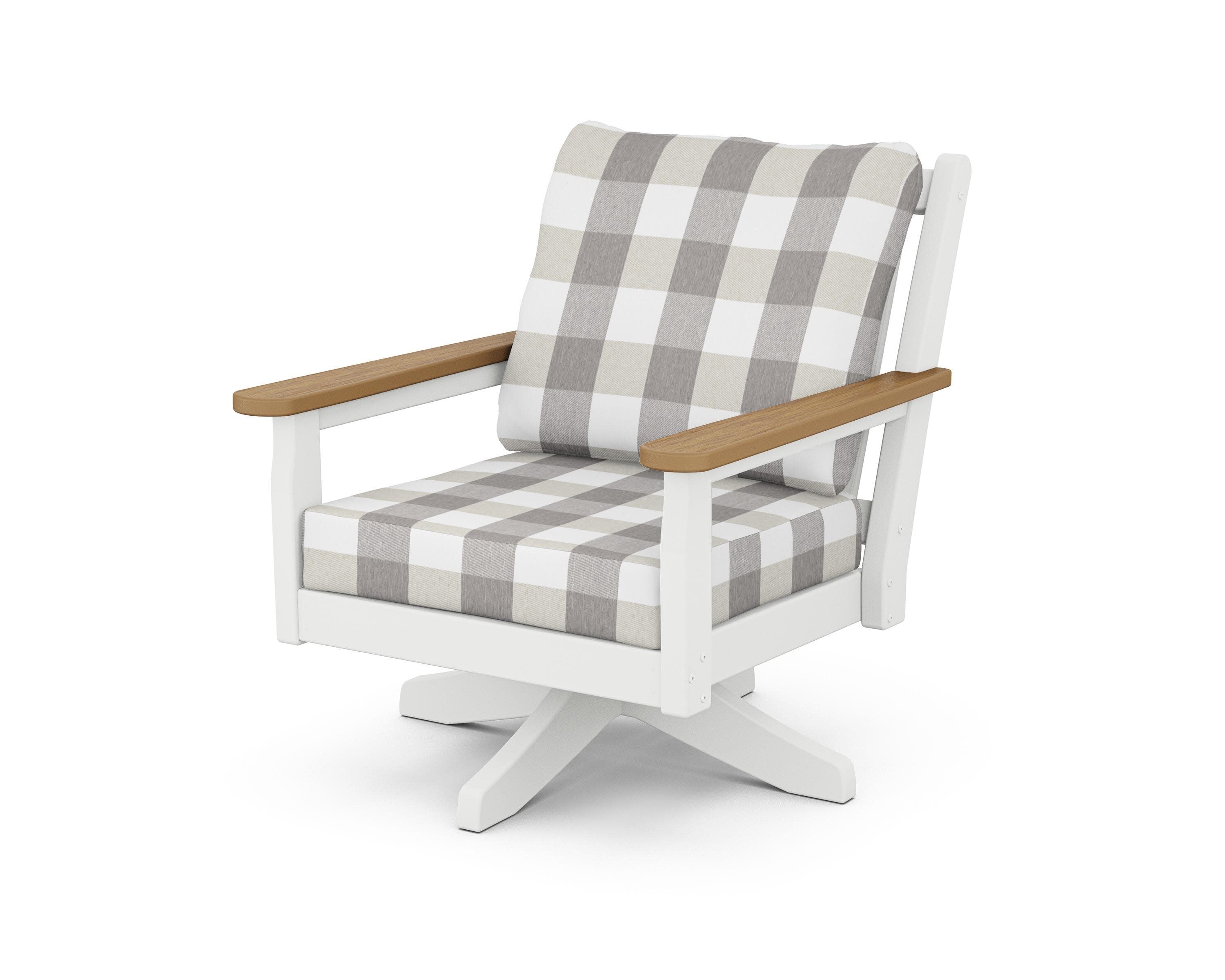 Chippendale Deep Seating Swivel Chair in White / Natural / Buffalo Plaid Grey Mist