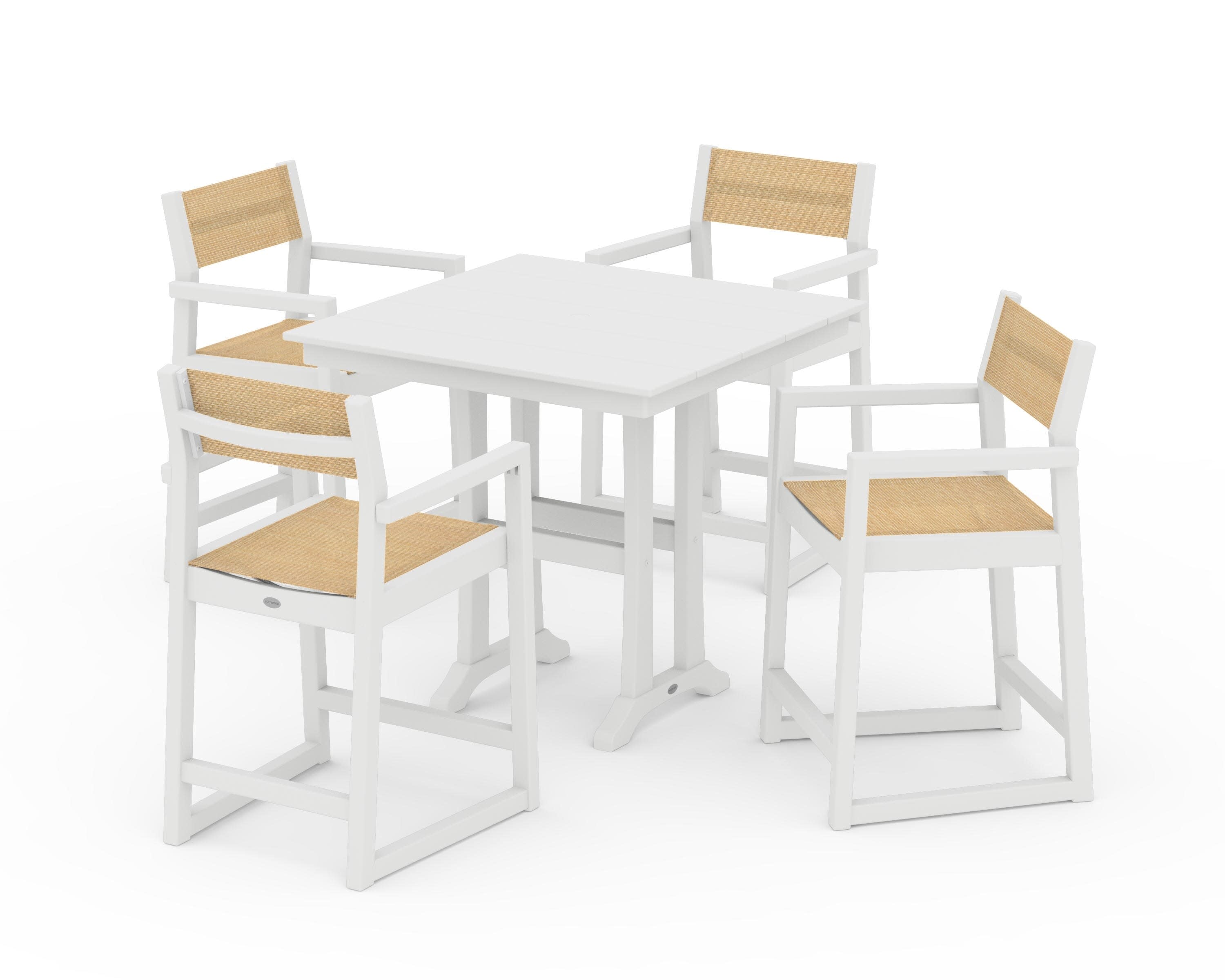 EDGE Sling Arm Chair 5-Piece Farmhouse Counter Set with Trestle Legs in White / Dupioni Apricot Sling