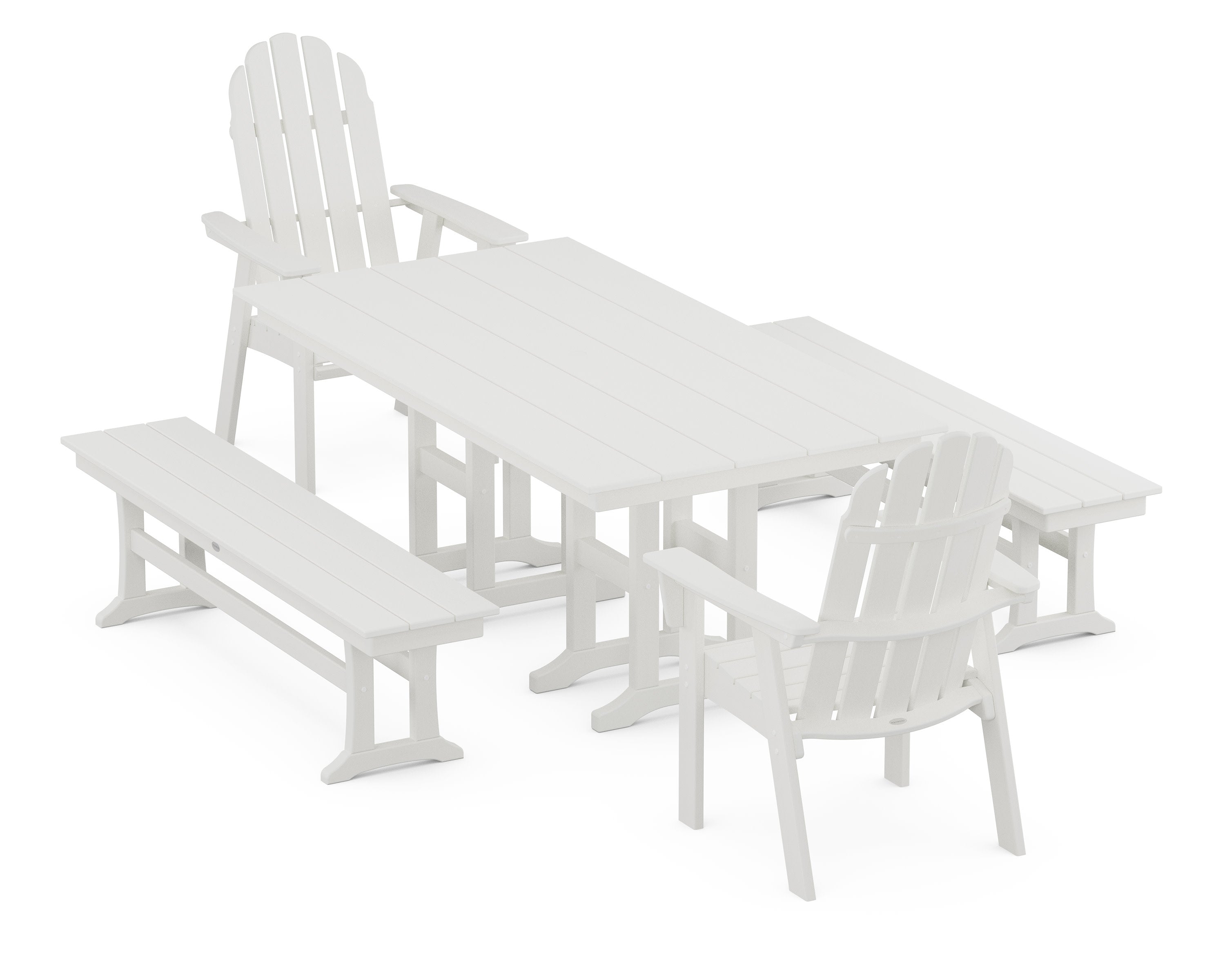 Vineyard Curveback Adirondack 5-Piece Farmhouse Dining Set with Benches in Vintage White