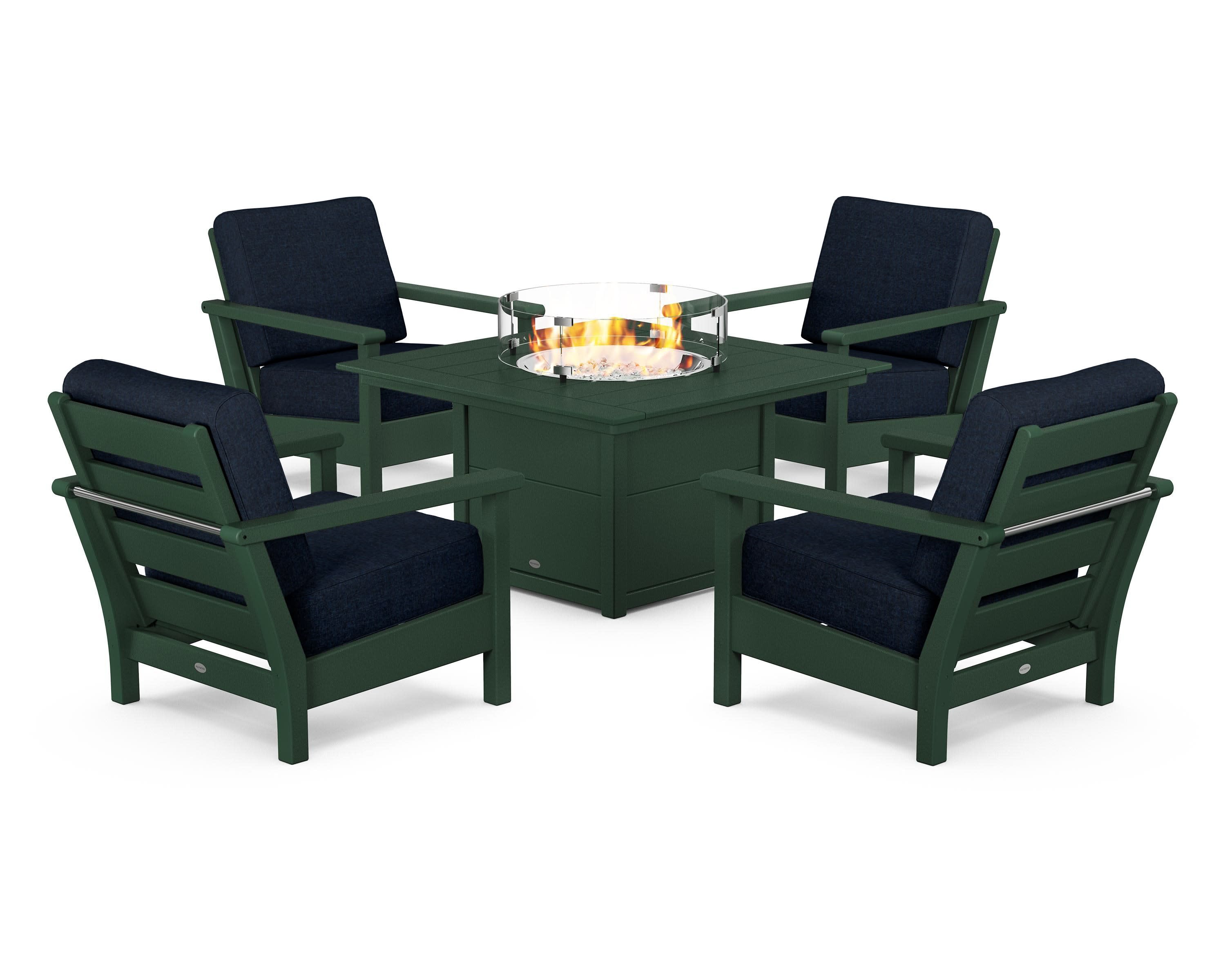 Harbour 5-Piece Conversation Set with Fire Pit Table in Green / Marine Indigo