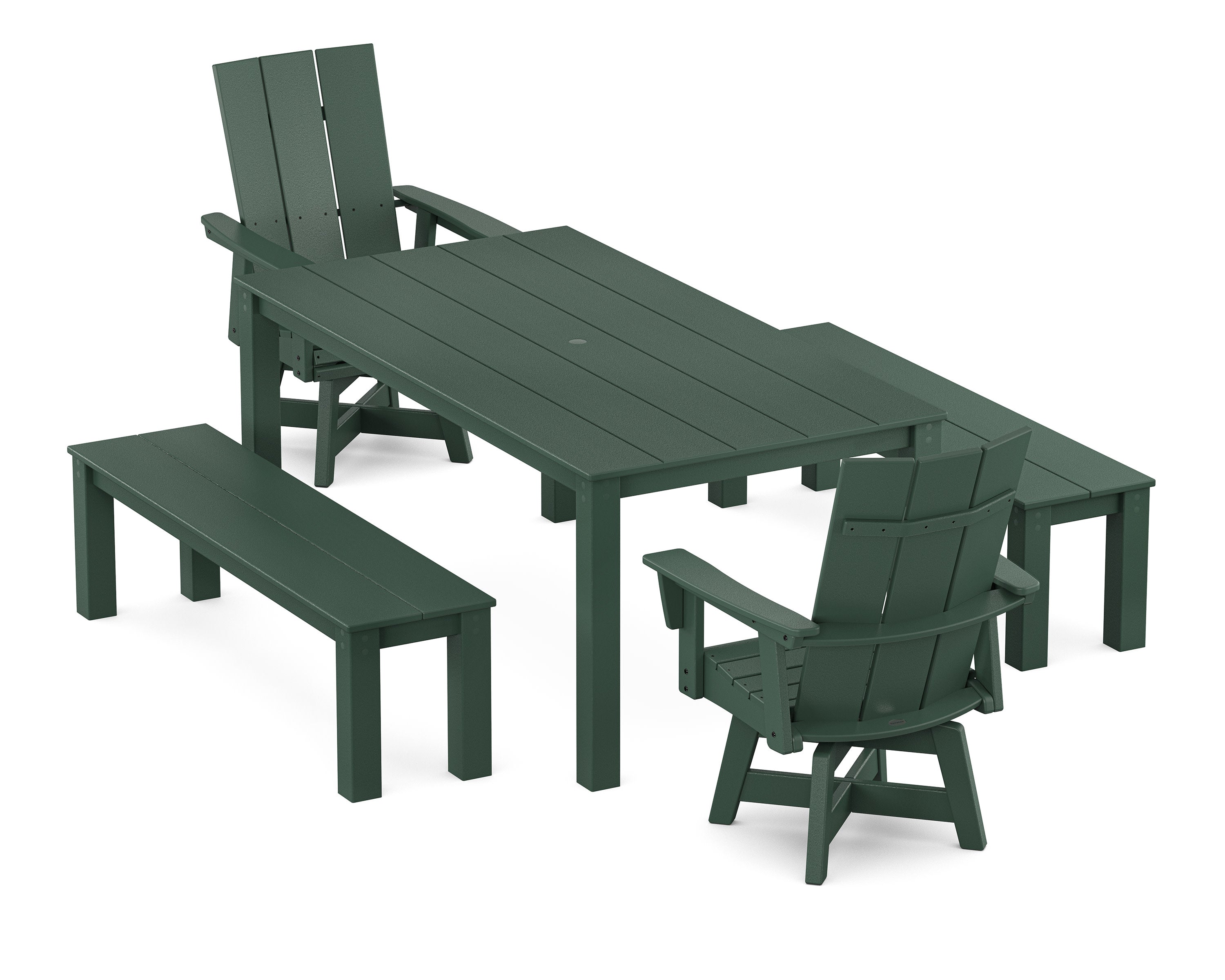 Modern Curveback Adirondack 5-Piece Parsons Swivel Dining Set with Benches in Green
