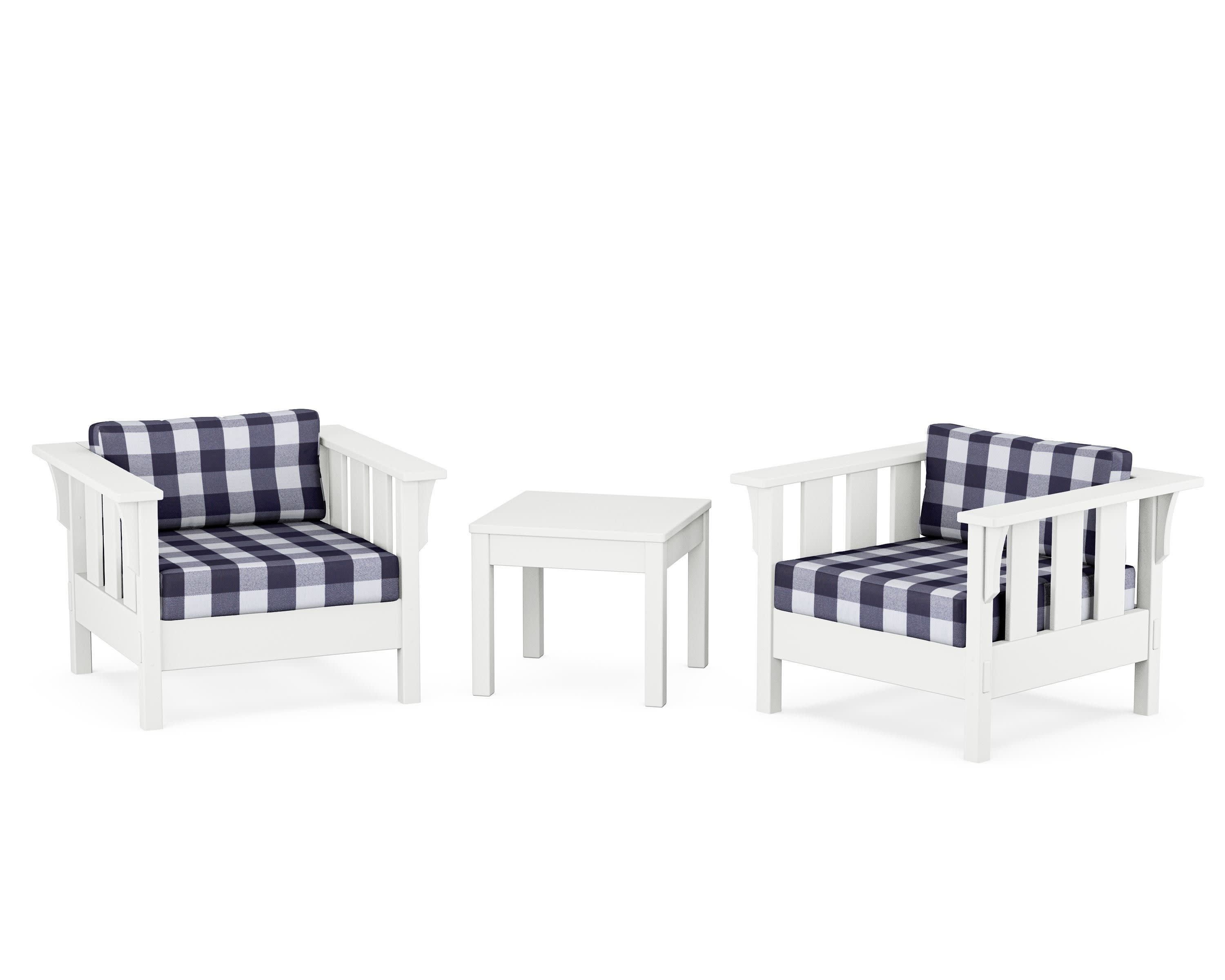 Acadia 3-Piece Deep Seating Set in White / Buffalo Plaid Navy