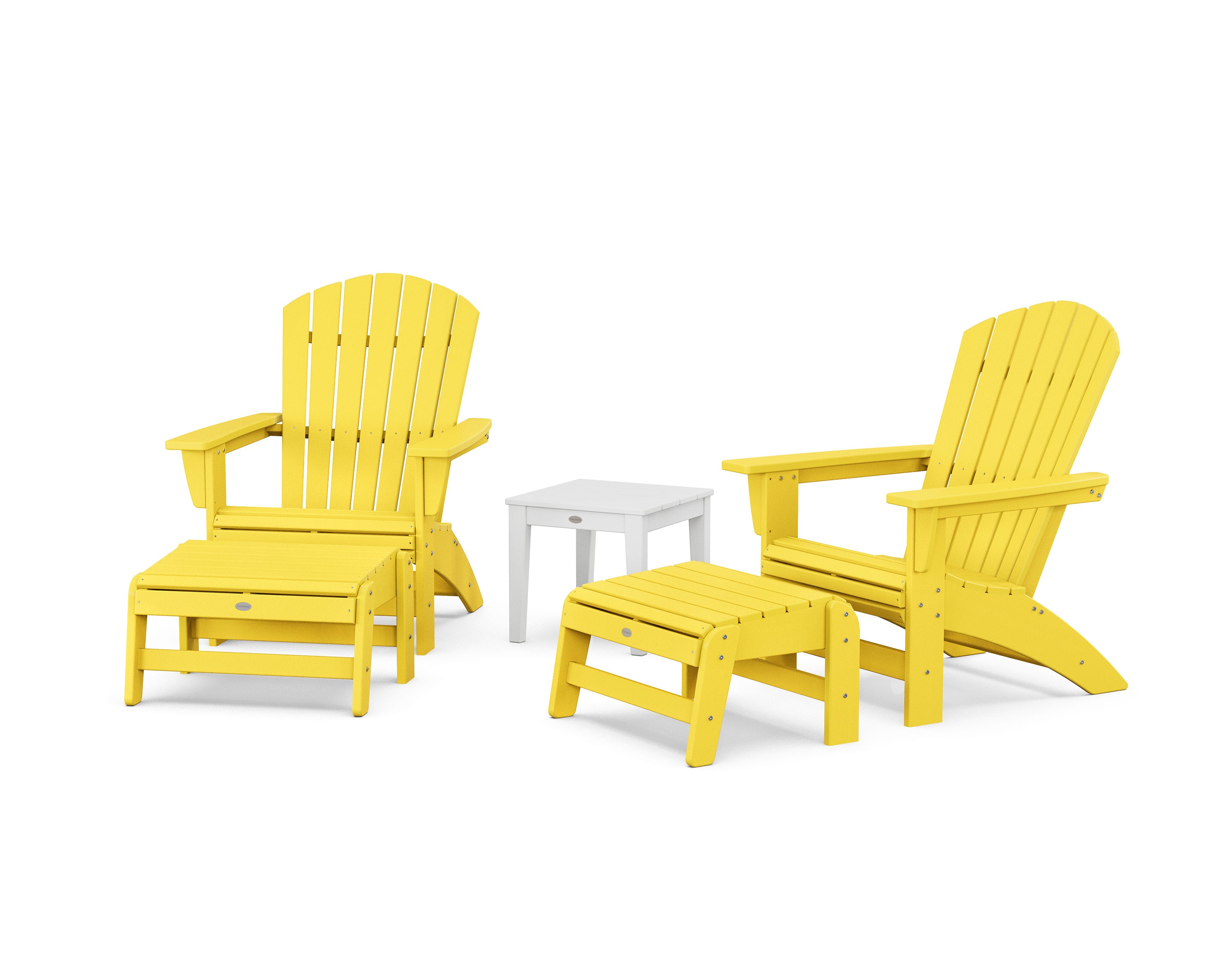 5-Piece Nautical Grand Adirondack Set with Ottomans and Side Table in Lemon / White