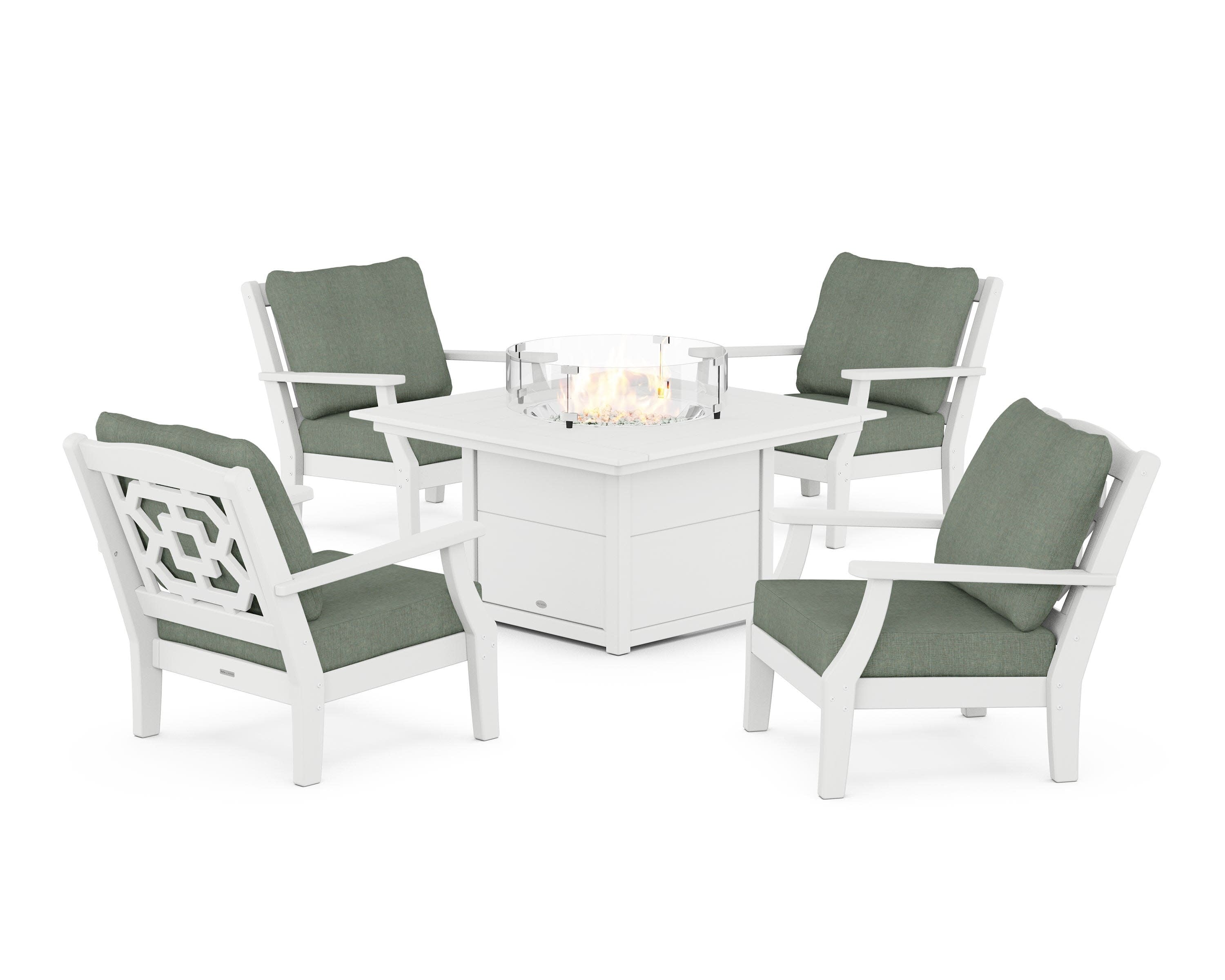 Chinoiserie 5-Piece Deep Seating Set with Fire Pit Table in White / Cast Sage