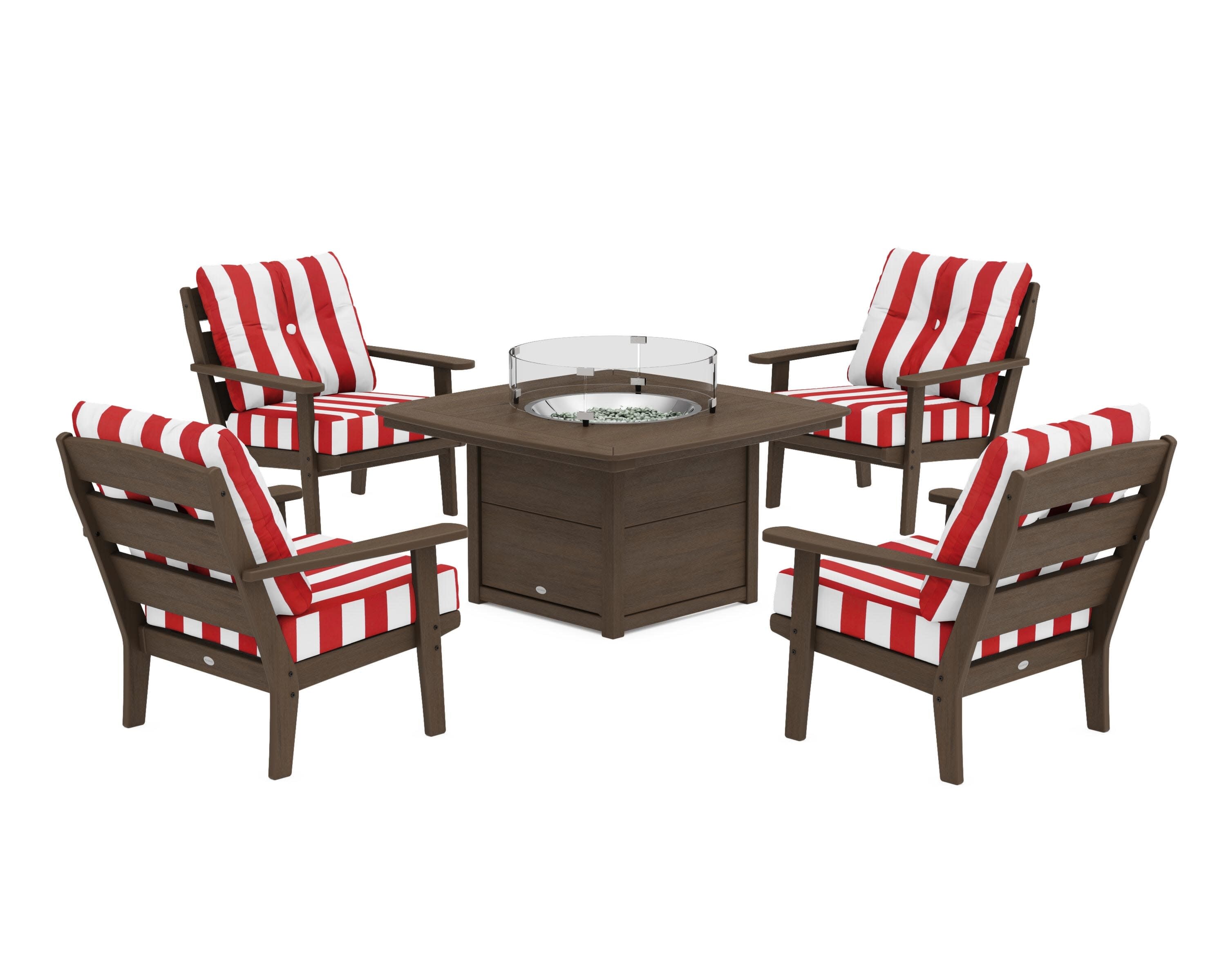 Lakeside 5-Piece Deep Seating Set with Nautical Fire Pit Table in Kona / Cabana Stripe Crimson