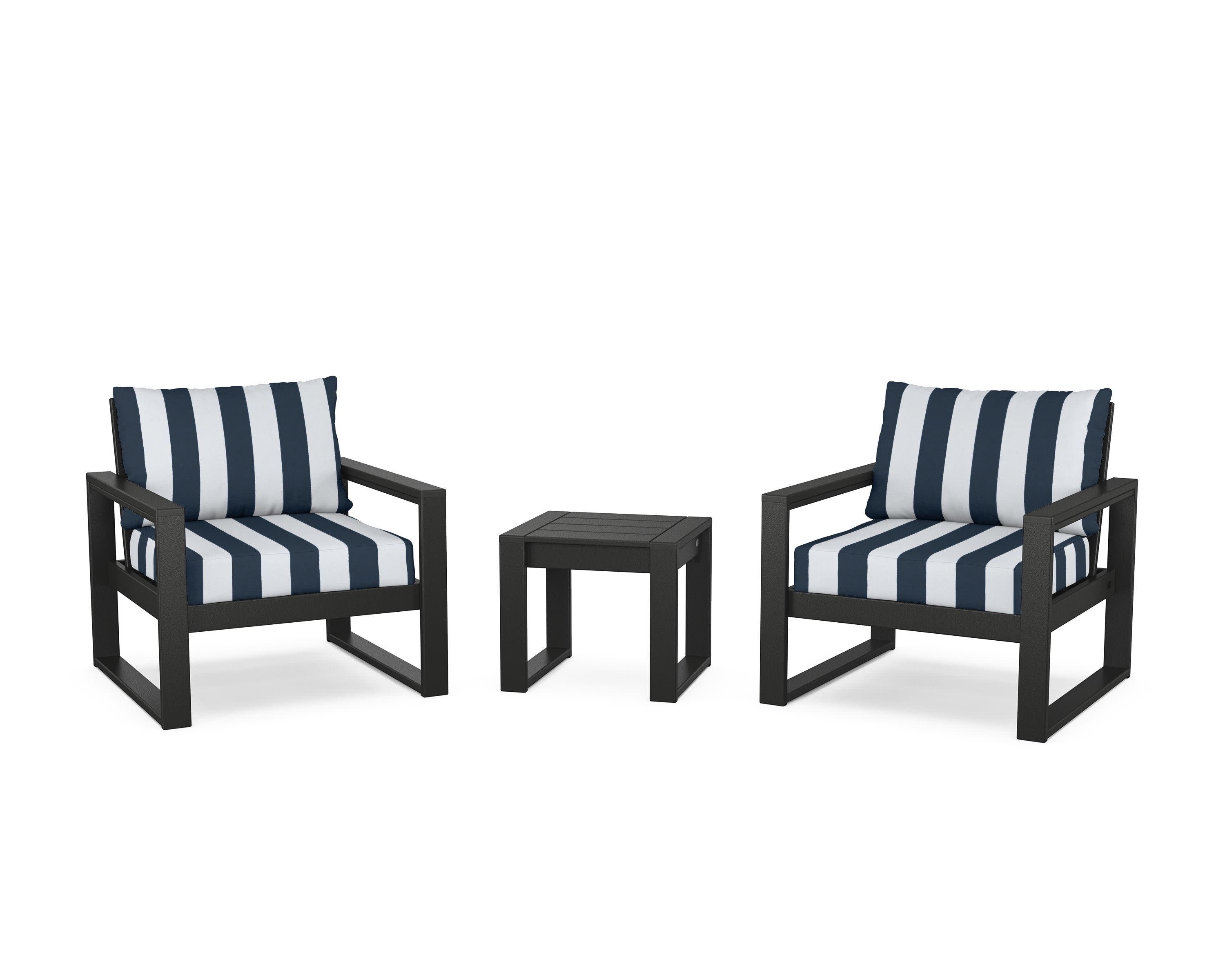 EDGE Sectional 3-Piece Deep Seating Set in Black / Cabana Stripe Marine Indigo