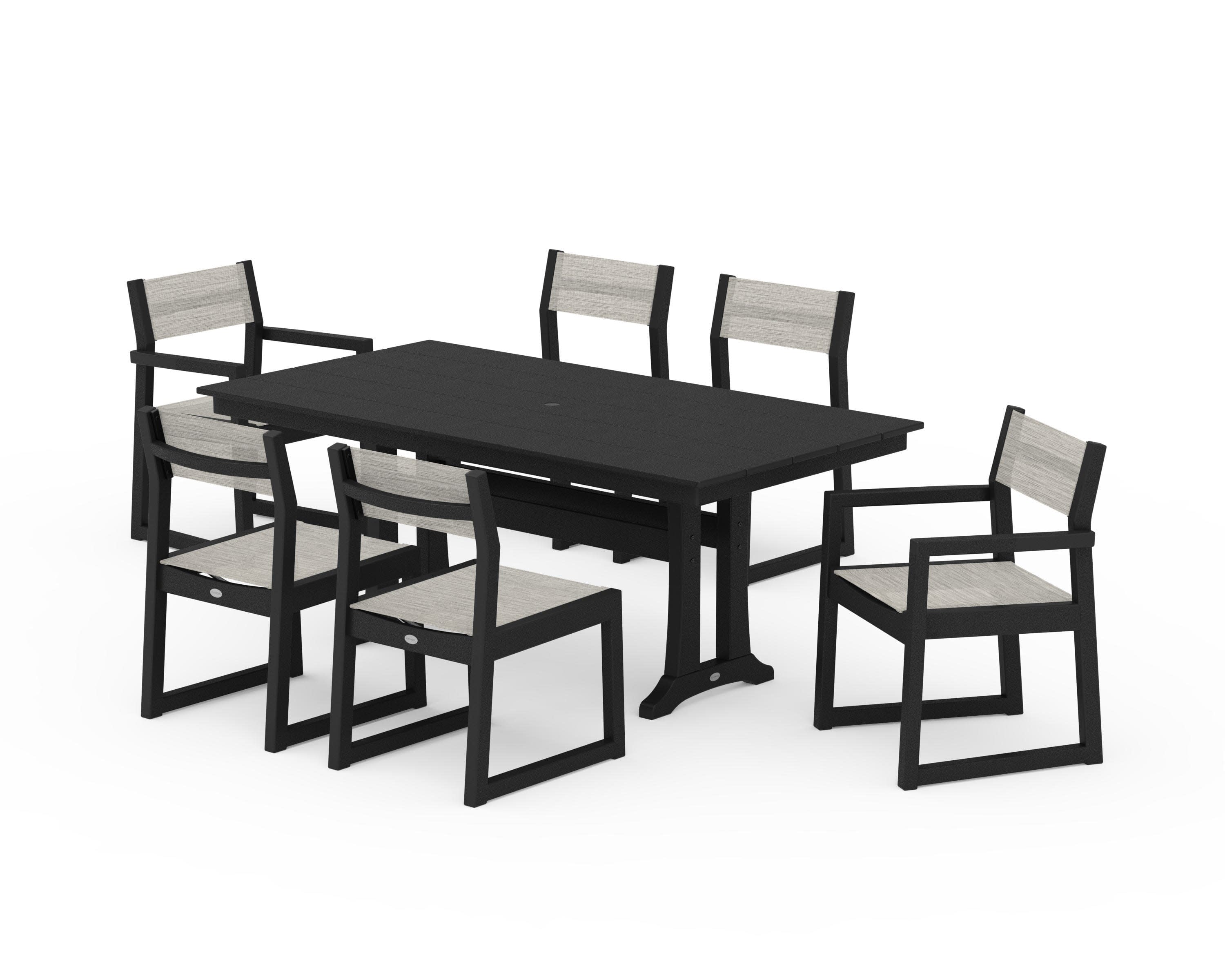 EDGE Sling 7-Piece Farmhouse Trestle Dining Set in Black / Birch Sling