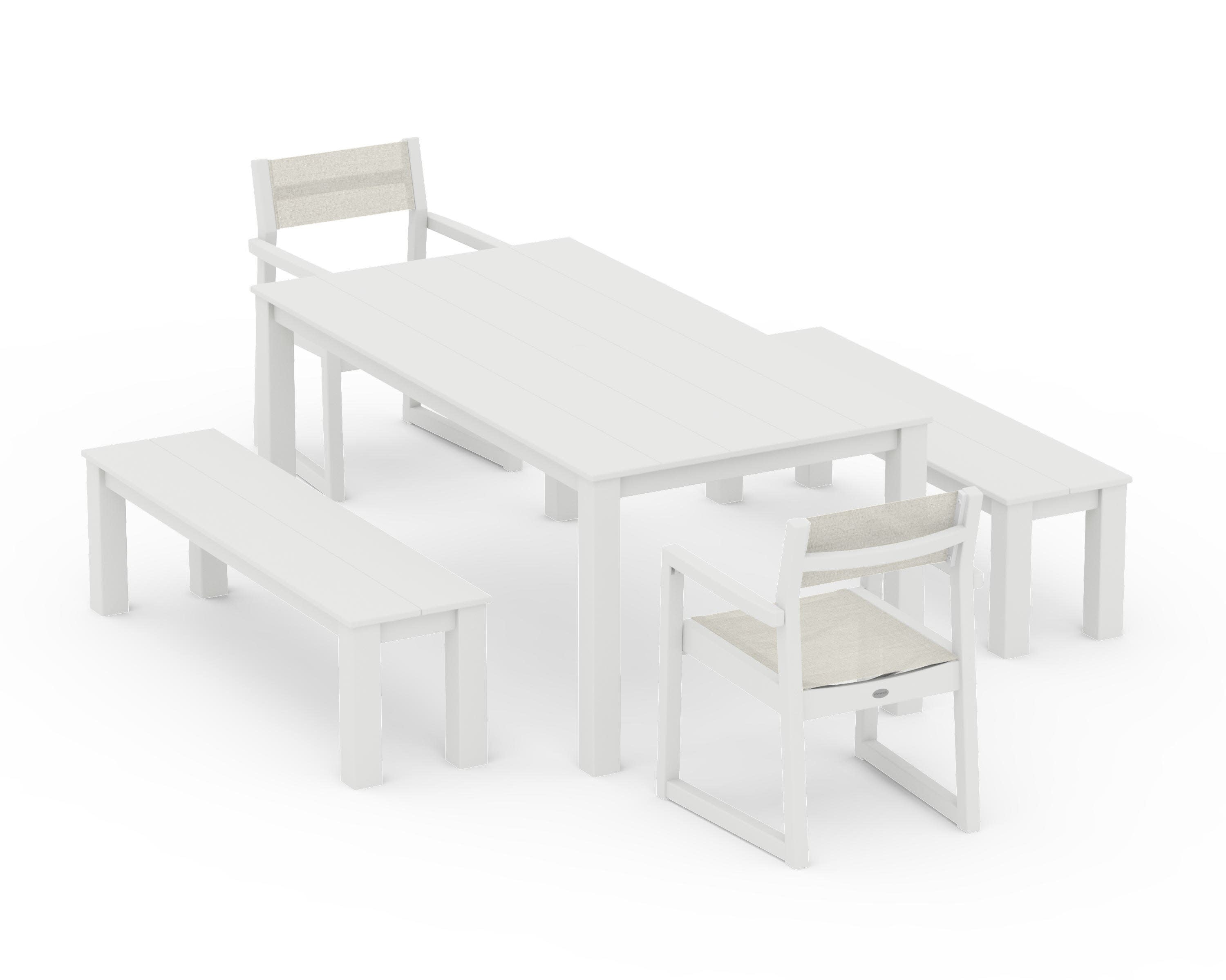 EDGE Sling Arm Chair 5-Piece Parsons Dining Set with Benches in Vintage White / Parchment Sling
