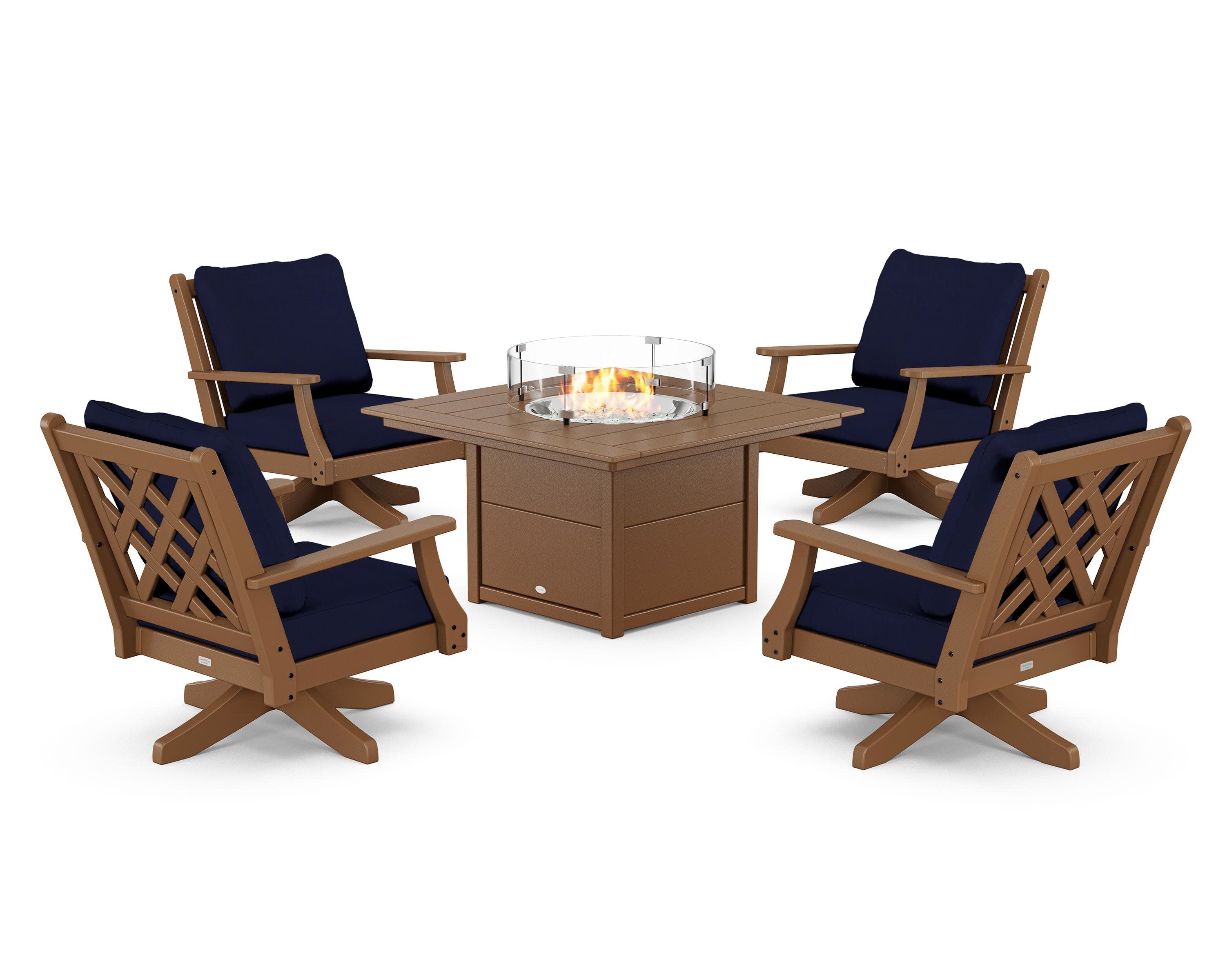 Wovendale 5-Piece Deep Seating Swivel Conversation Set with Fire Pit Table in Teak / Navy
