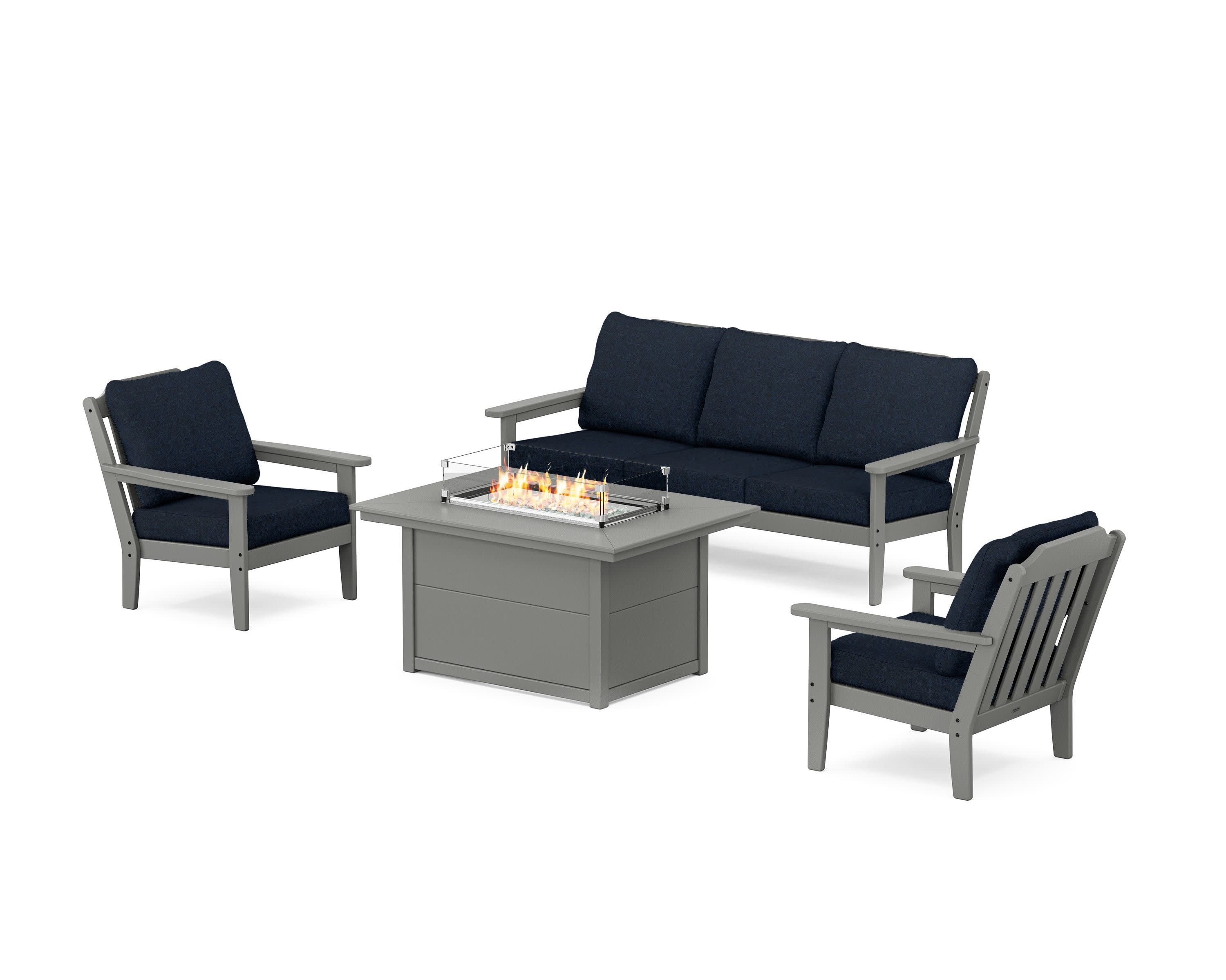 Cottage Deep Seating Fire Pit Table Set in Slate Grey / Marine Indigo