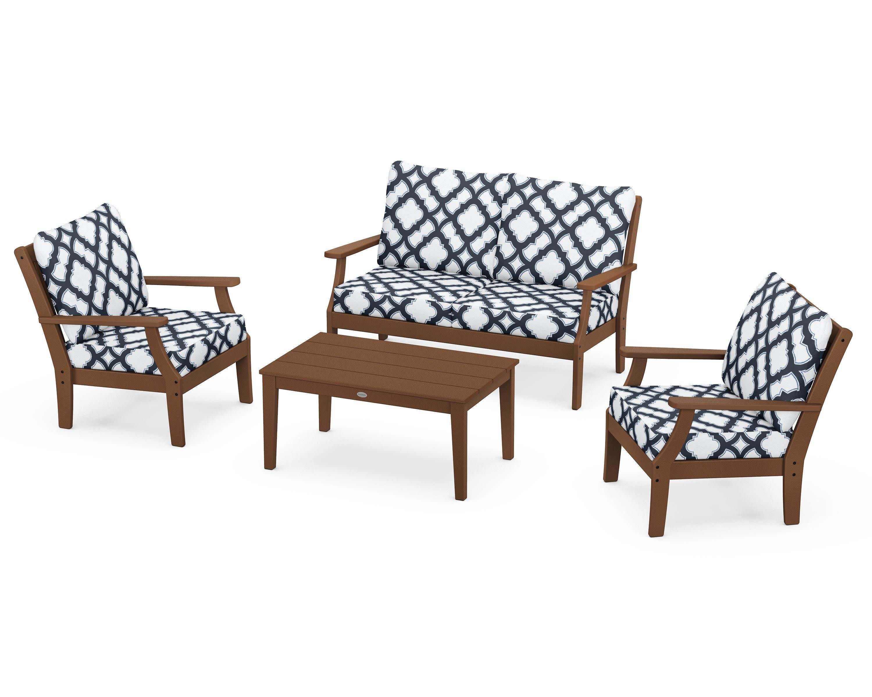 Braxton 4-Piece Deep Seating Chair Set in Teak / Trellis Marine Indigo