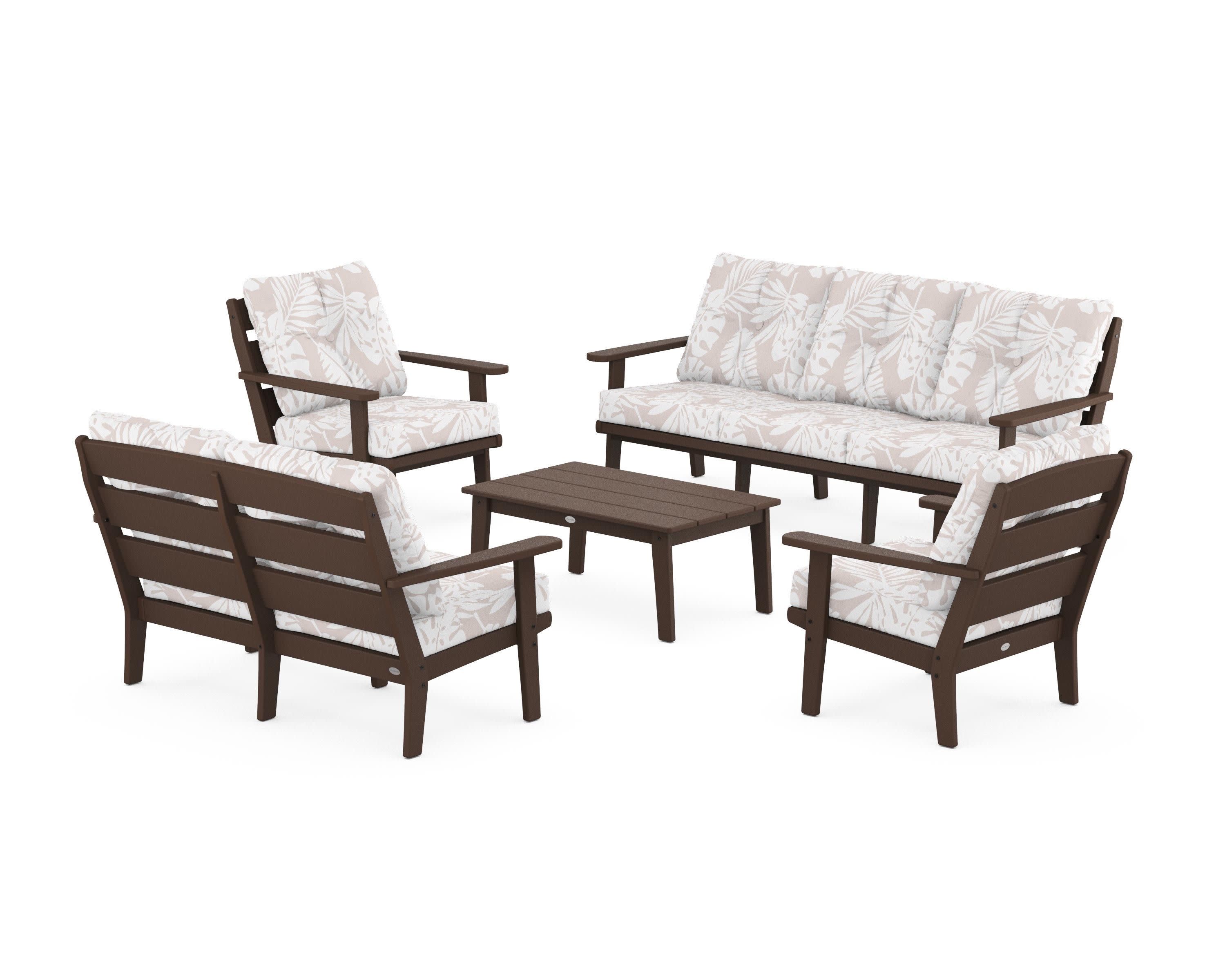 Lakeside 5-Piece Lounge Sofa Set in Mahogany / Leaf Dune Burlap