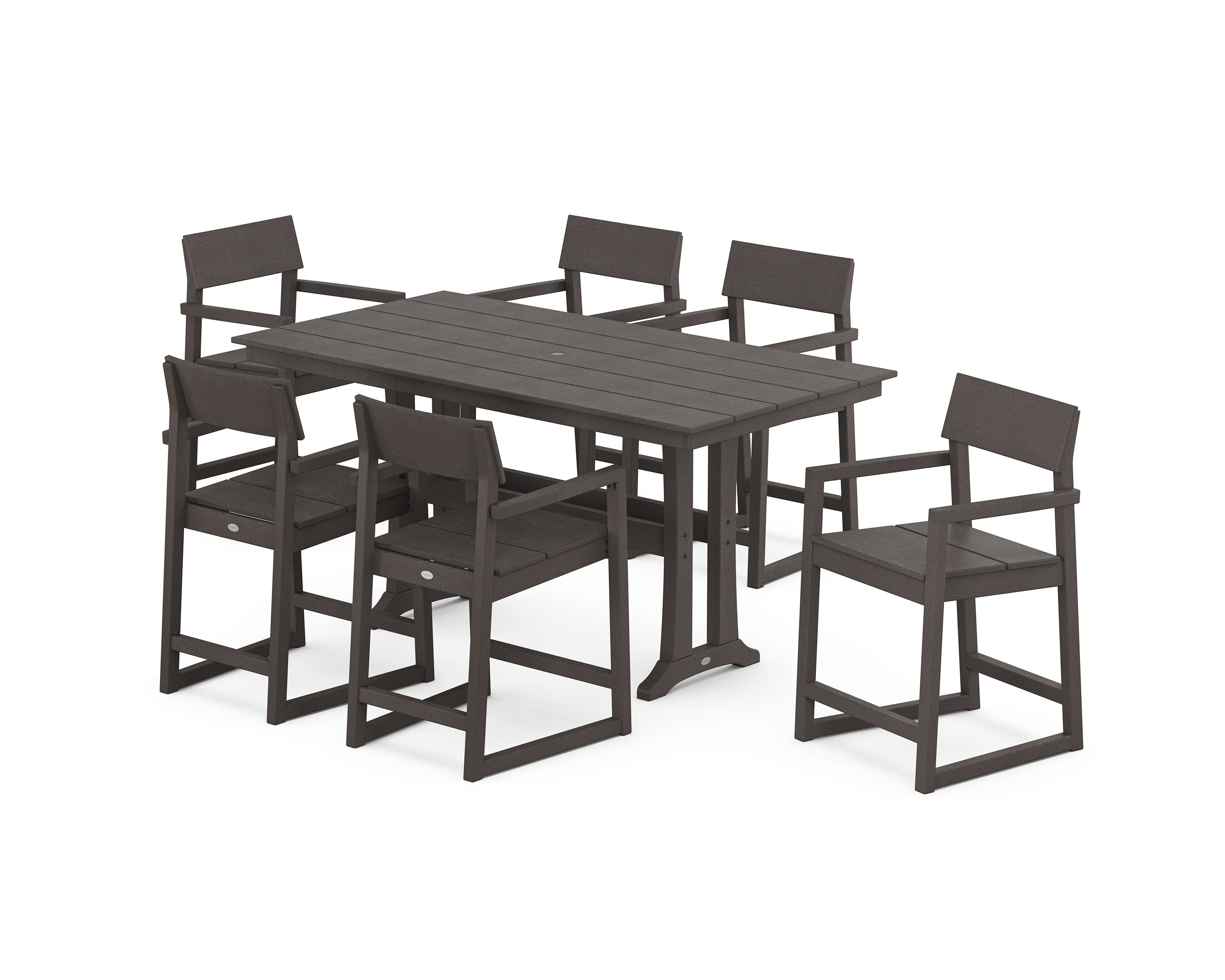 EDGE Arm Chair 7-Piece Farmhouse Counter Set with Trestle Legs in Vintage Coffee