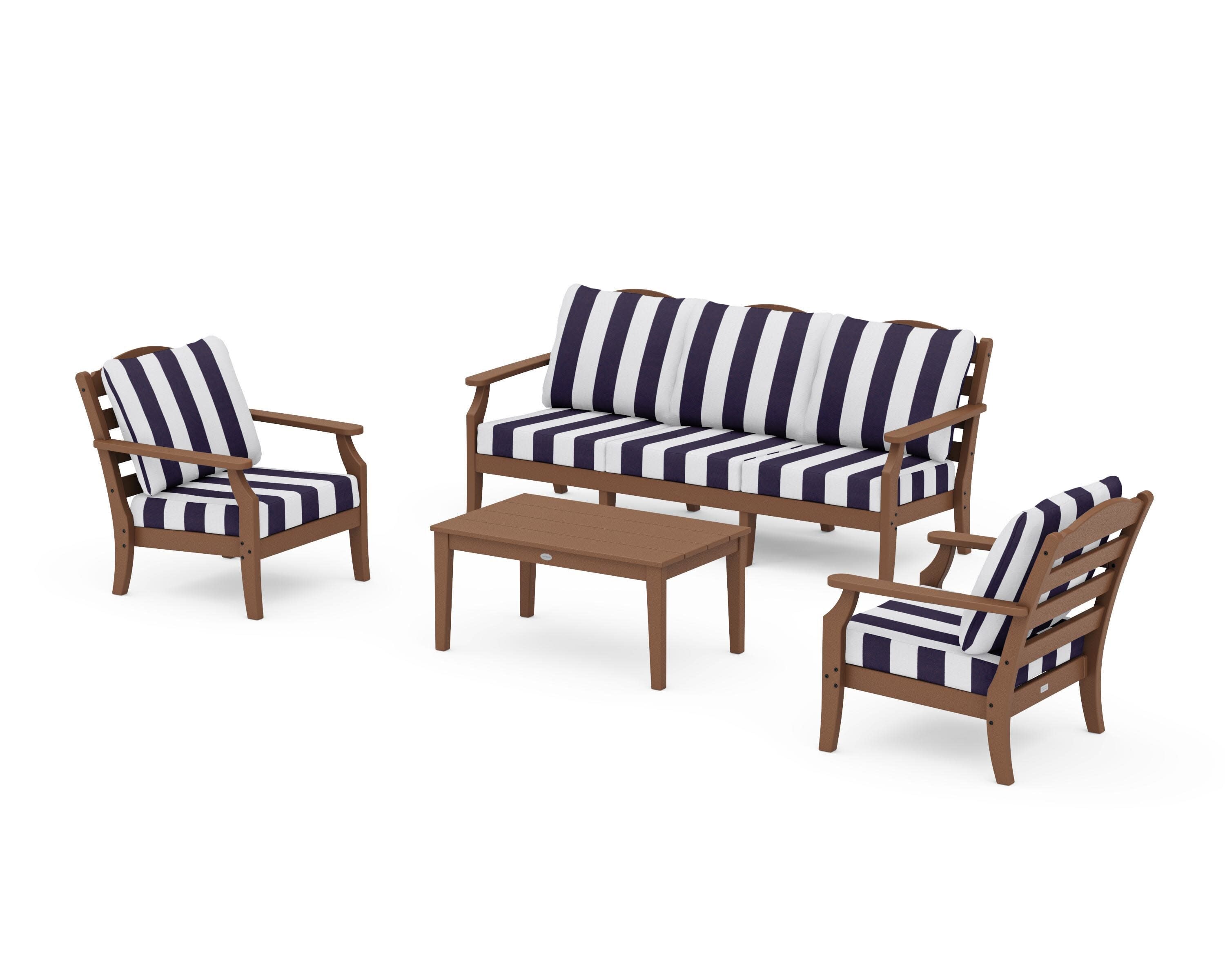 Savannah 4-Piece Deep Seating Set with Sofa in Teak / Cabana Stripe Navy