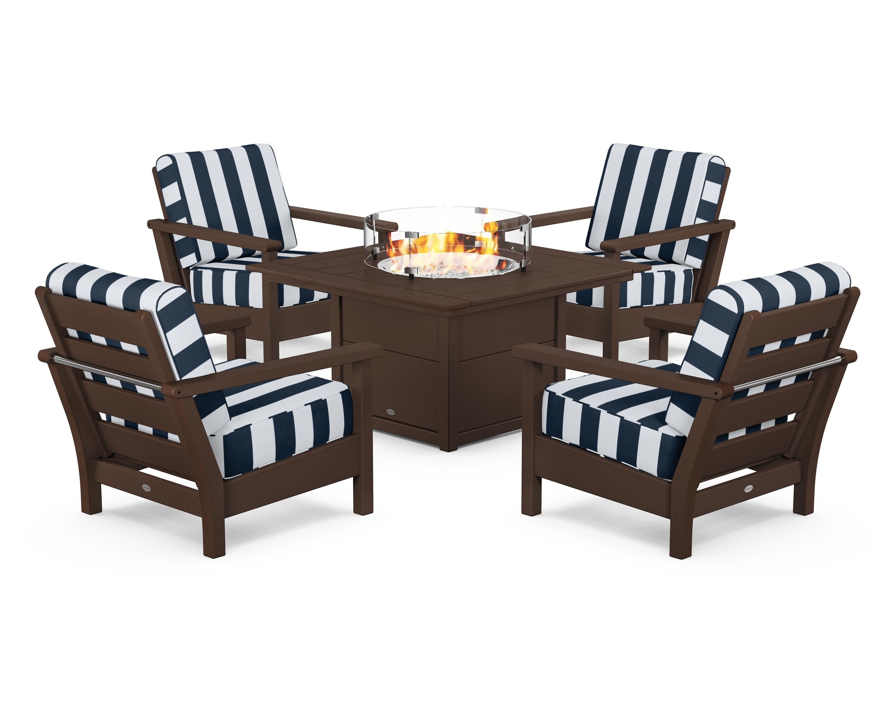 Harbour 5-Piece Conversation Set with Fire Pit Table in Mahogany / Cabana Stripe Marine Indigo