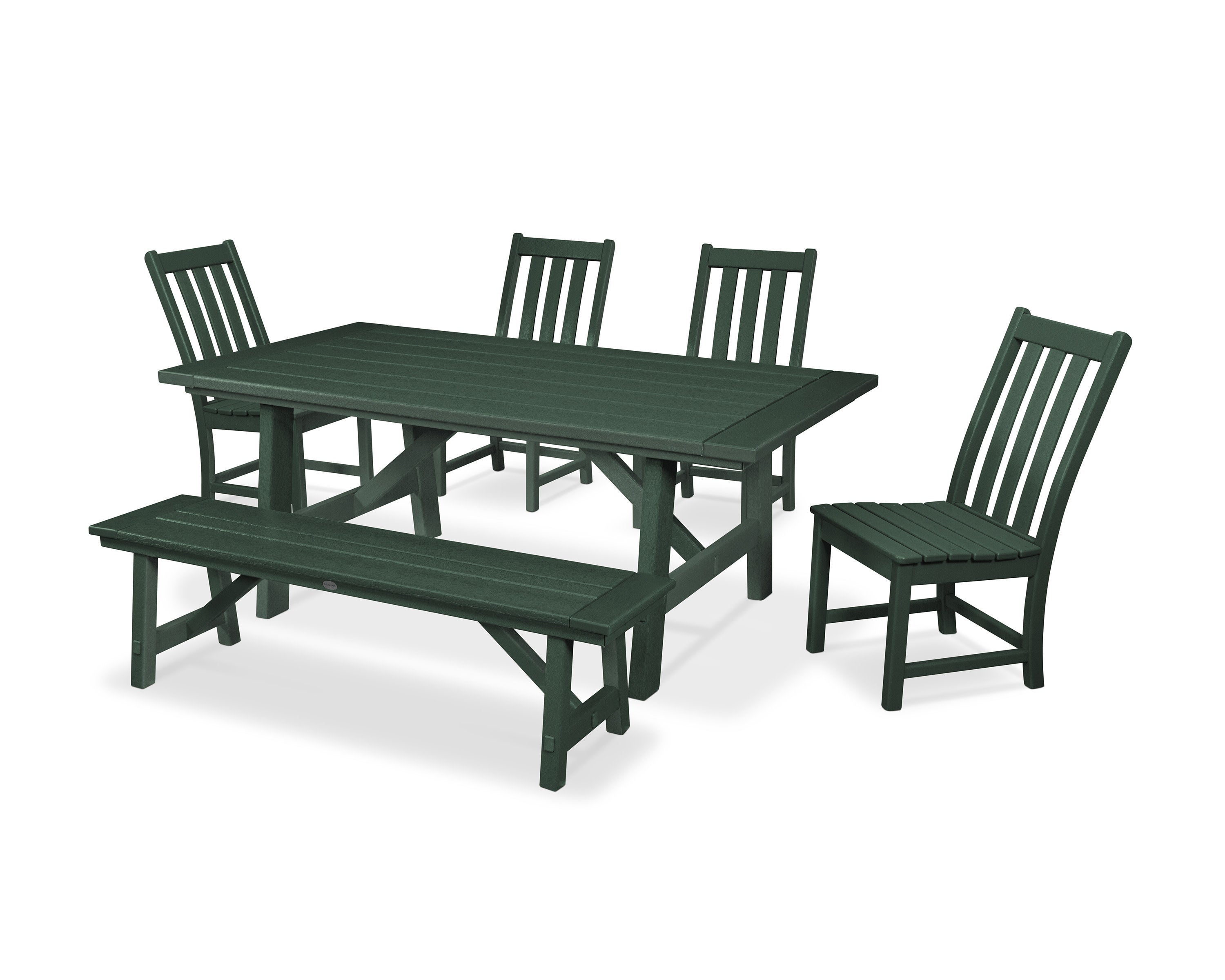 Vineyard 6-Piece Rustic Farmhouse Side Chair Dining Set with Bench in Green
