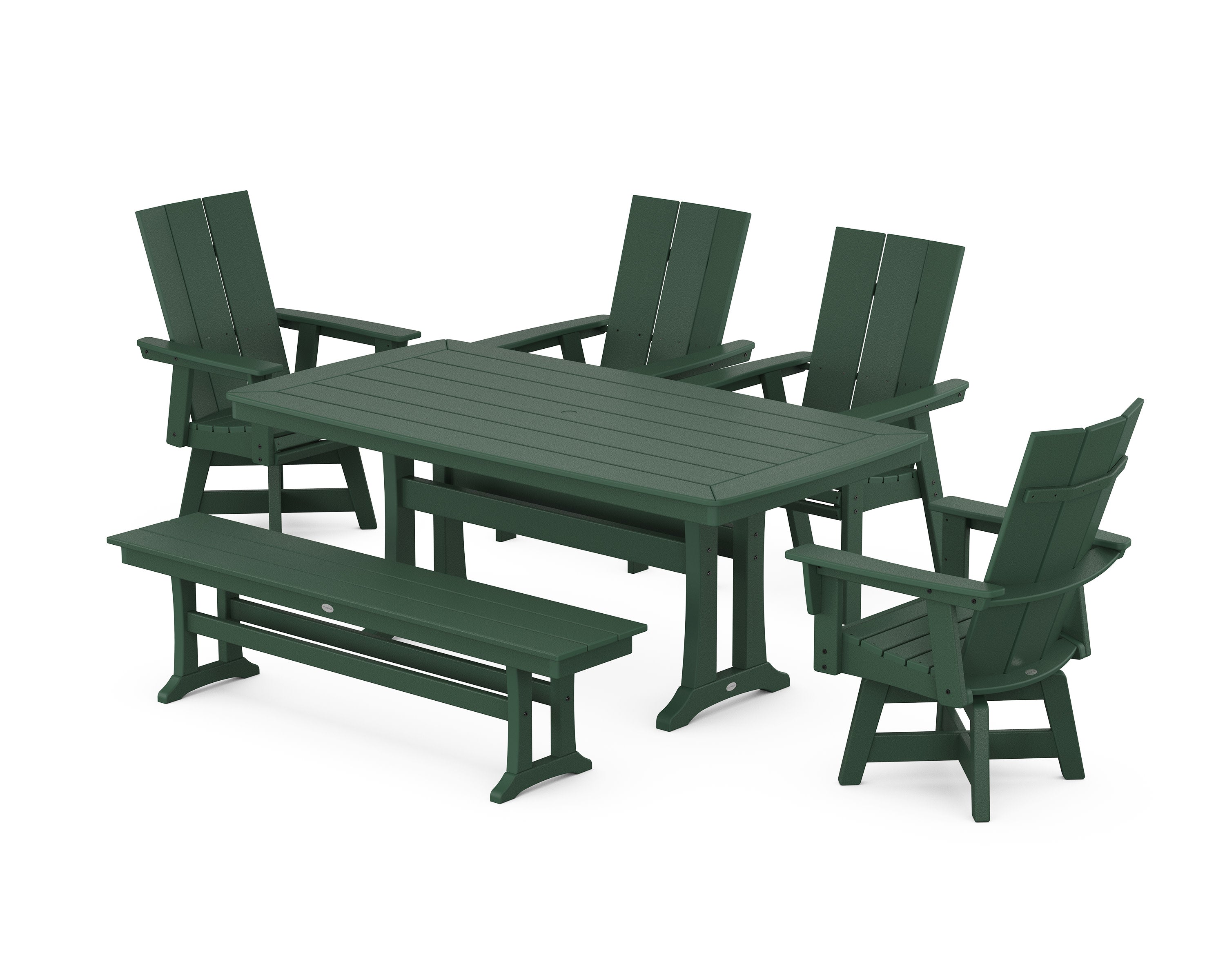 Modern Curveback Adirondack Swivel Chair 6-Piece Dining Set with Trestle Legs and Bench in Green
