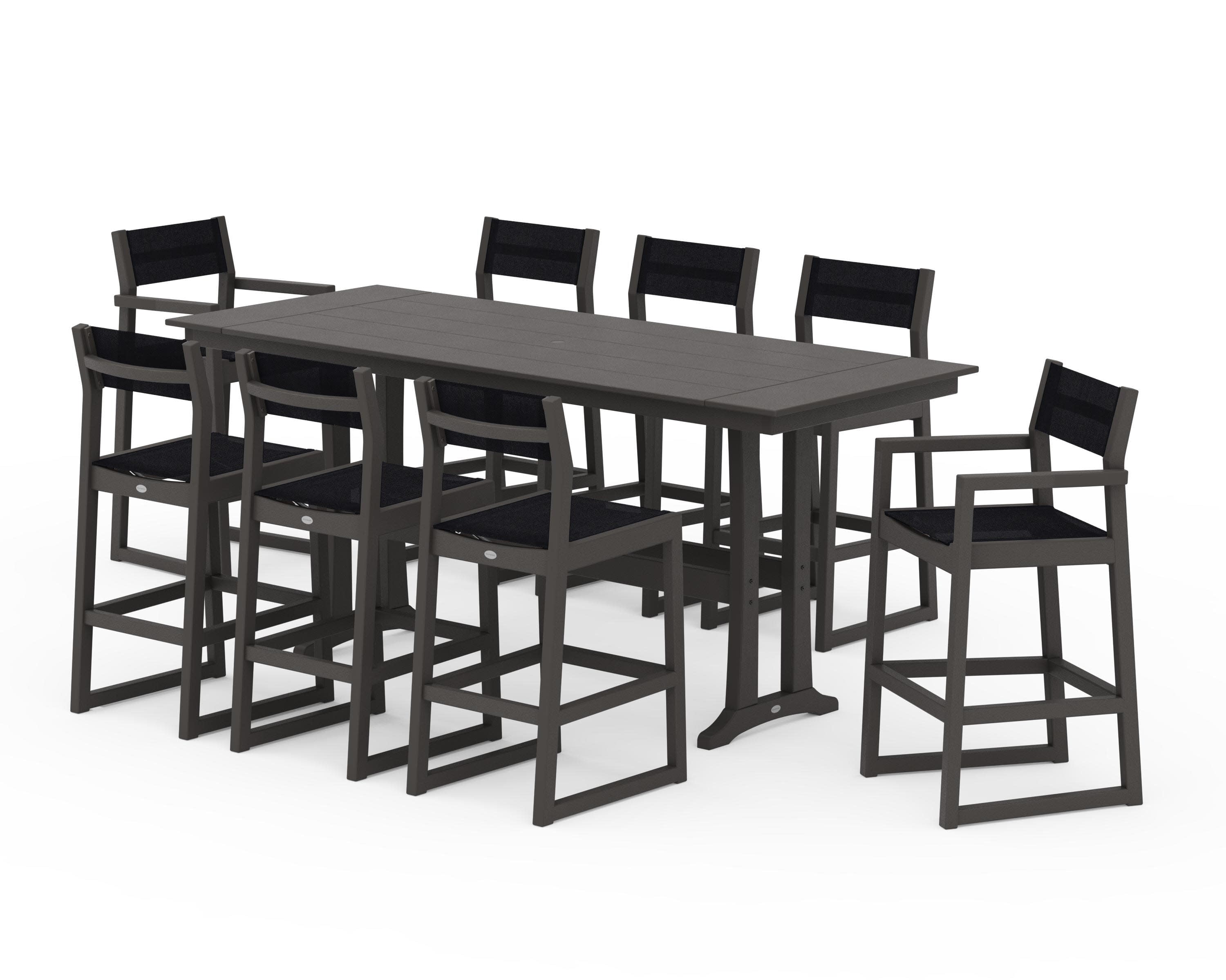 EDGE Sling 9-Piece Farmhouse Bar Set with Trestle Legs in Vintage Coffee / Black Sling