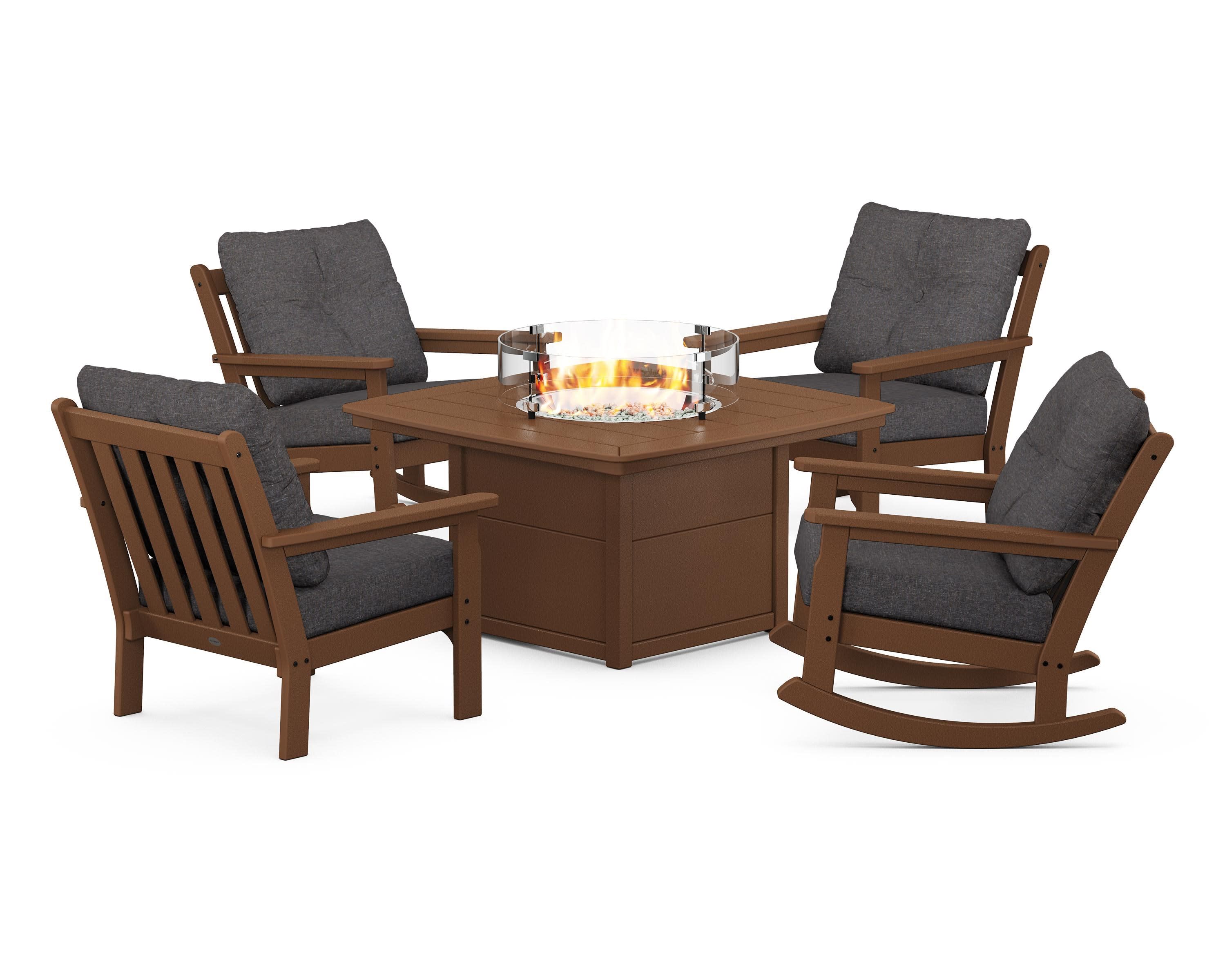 Vineyard 5-Piece Deep Seating Rocking Chair Conversation Set with Fire Pit Table in Teak / Ash Charcoal
