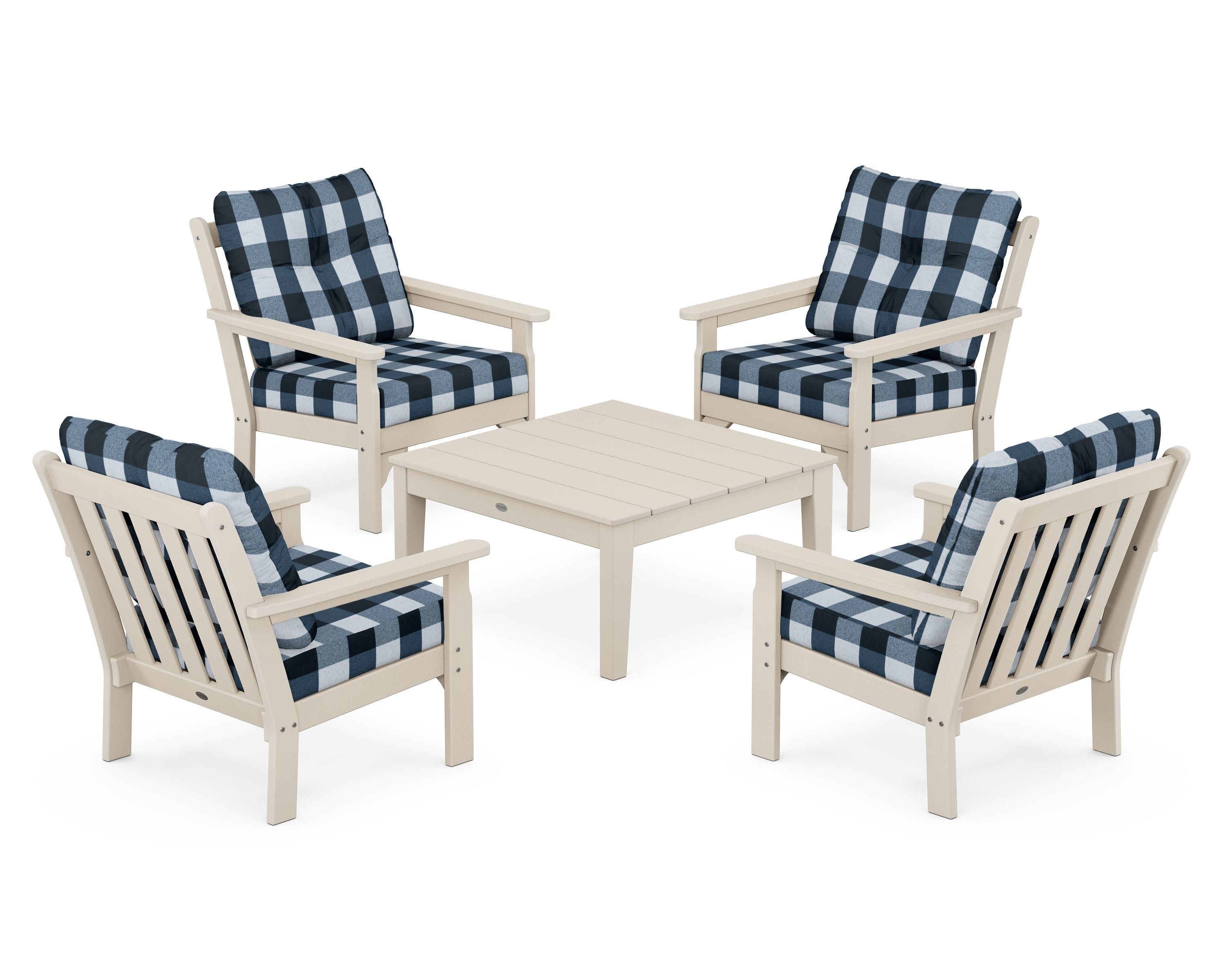 Vineyard 5-Piece Deep Seating Conversation Set in Sand / Buffalo Plaid Marine Indigo