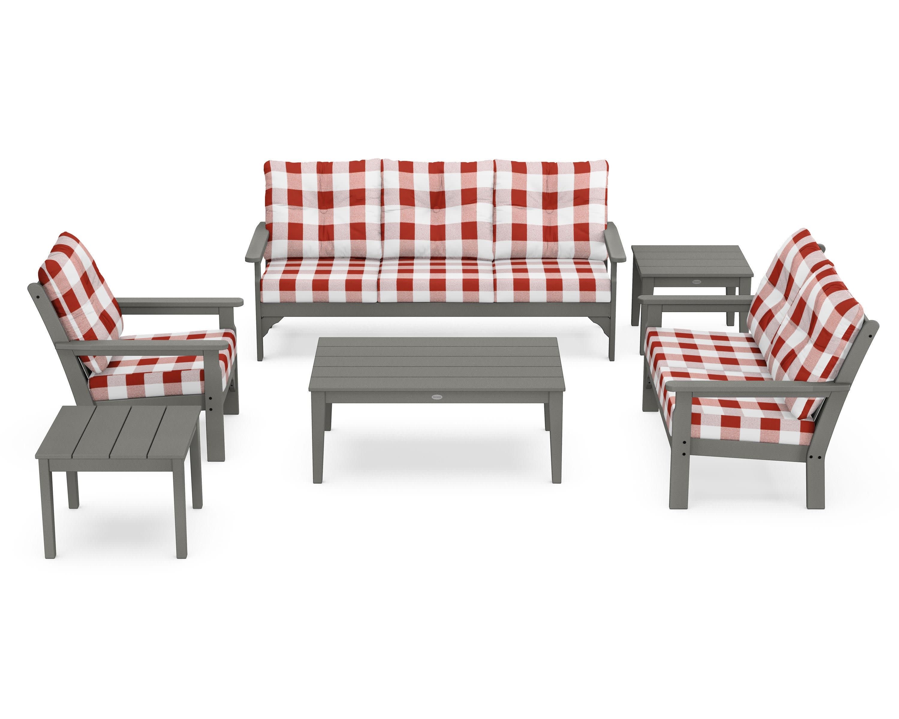Vineyard 6-Piece Deep Seating Set in Slate Grey / Buffalo Plaid Crimson