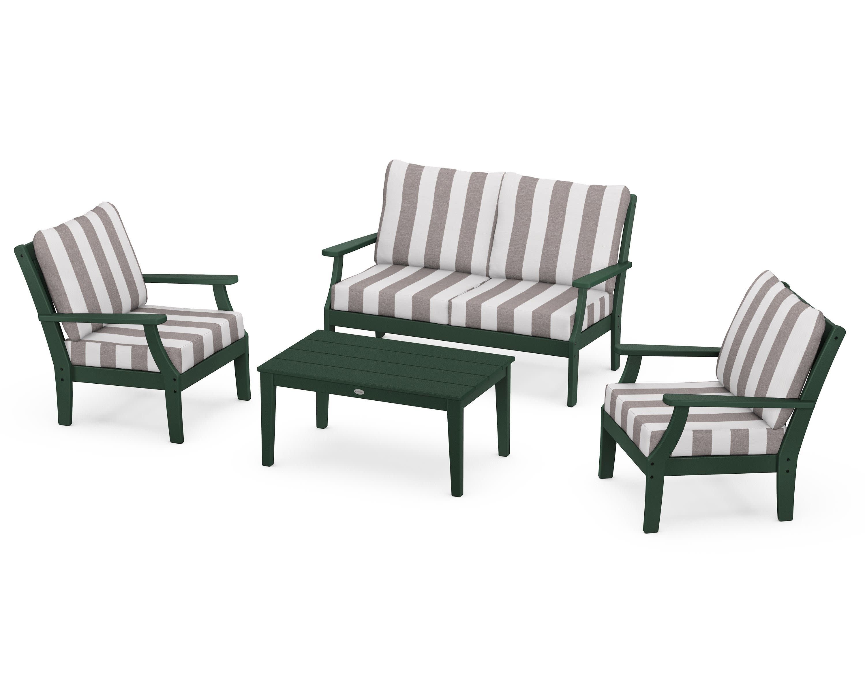Braxton 4-Piece Deep Seating Chair Set in Green / Cabana Stripe Grey Mist