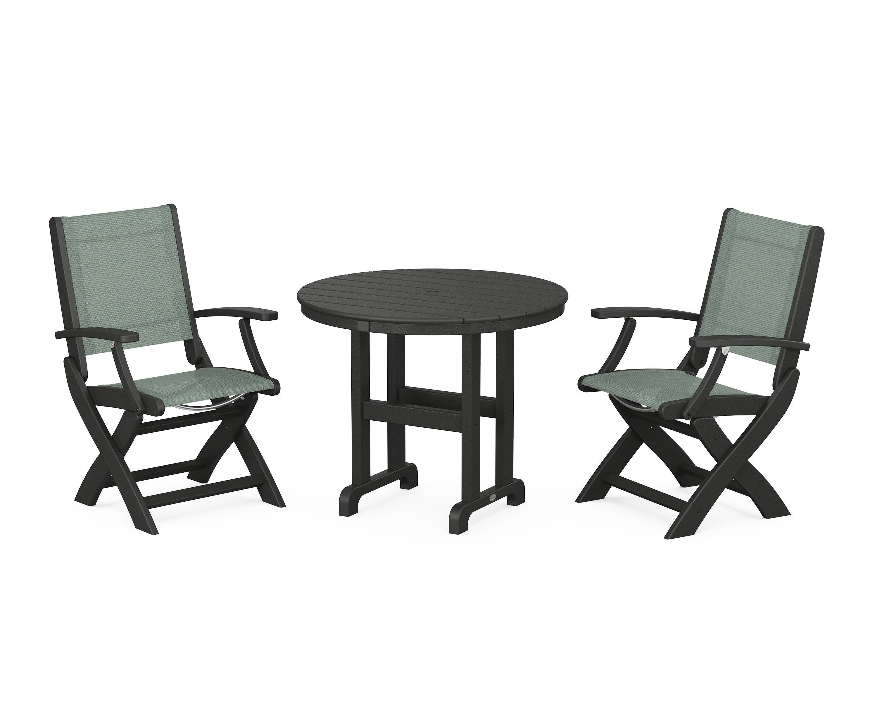 Coastal Folding Chair 3-Piece Round Dining Set in Black / Dupioni Sea Mist Sling
