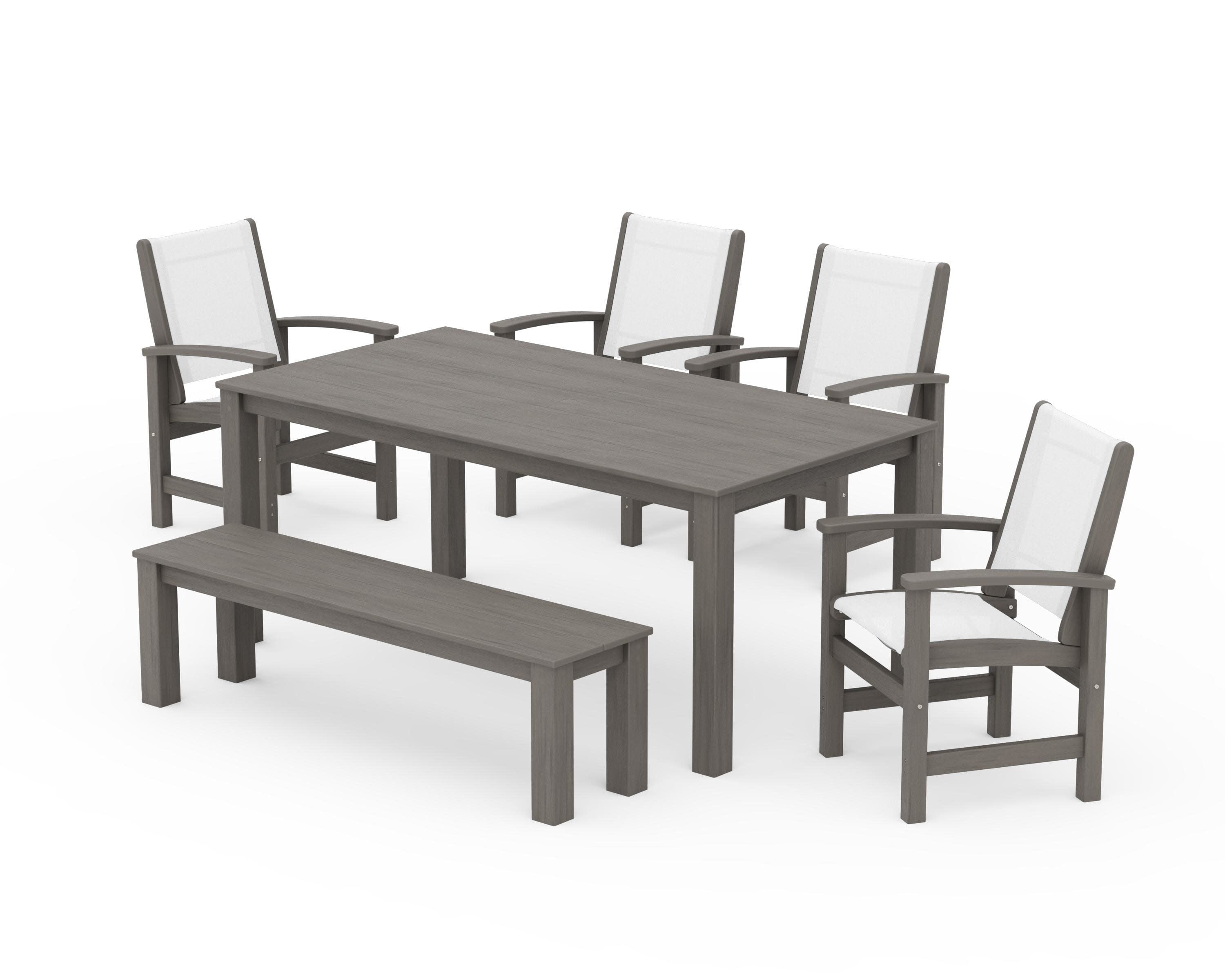 Coastal 6-Piece Parsons Dining Set with Bench in Driftwood / White Sling