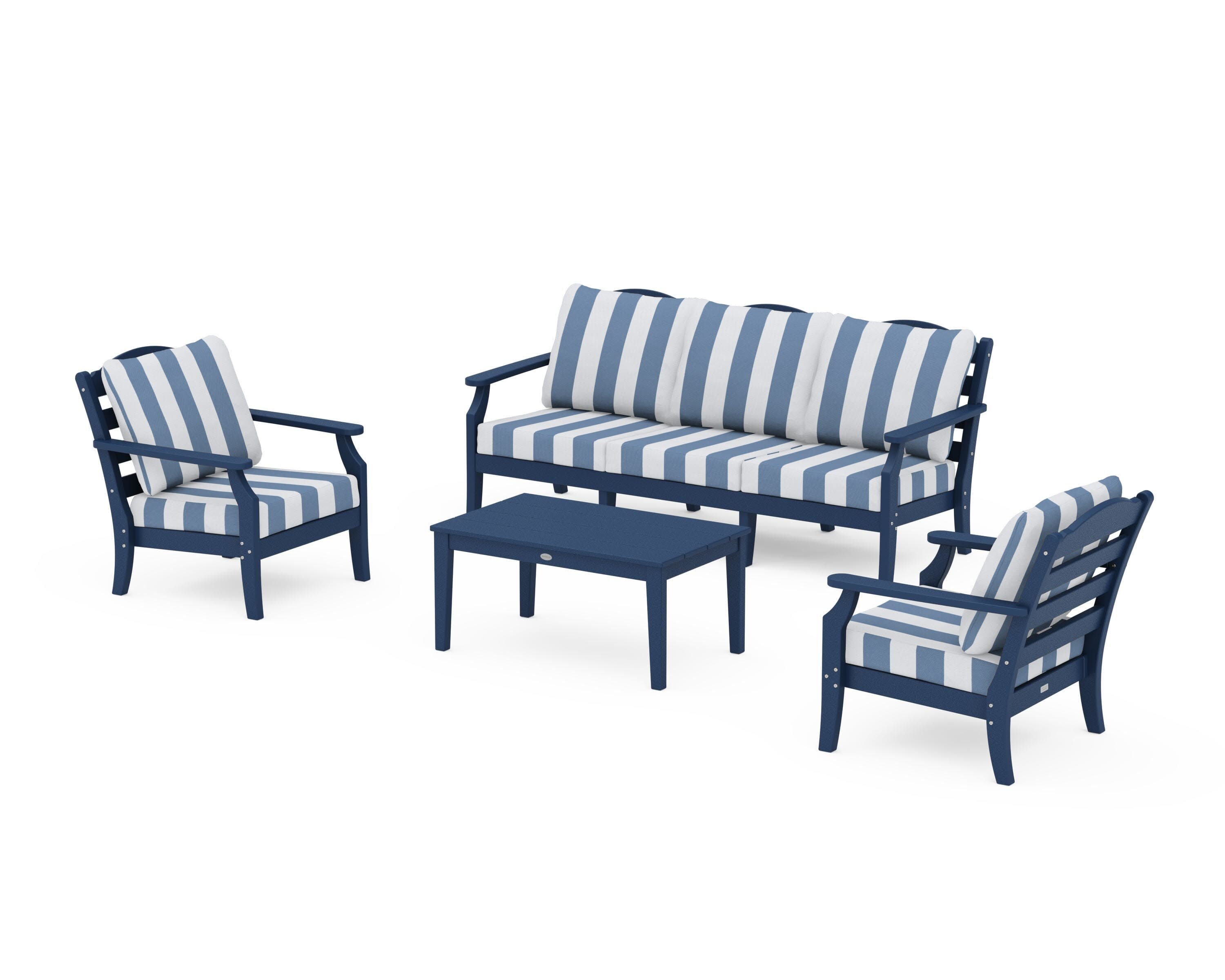 Savannah 4-Piece Deep Seating Set with Sofa in Navy / Cabana Stripe Sky Blue