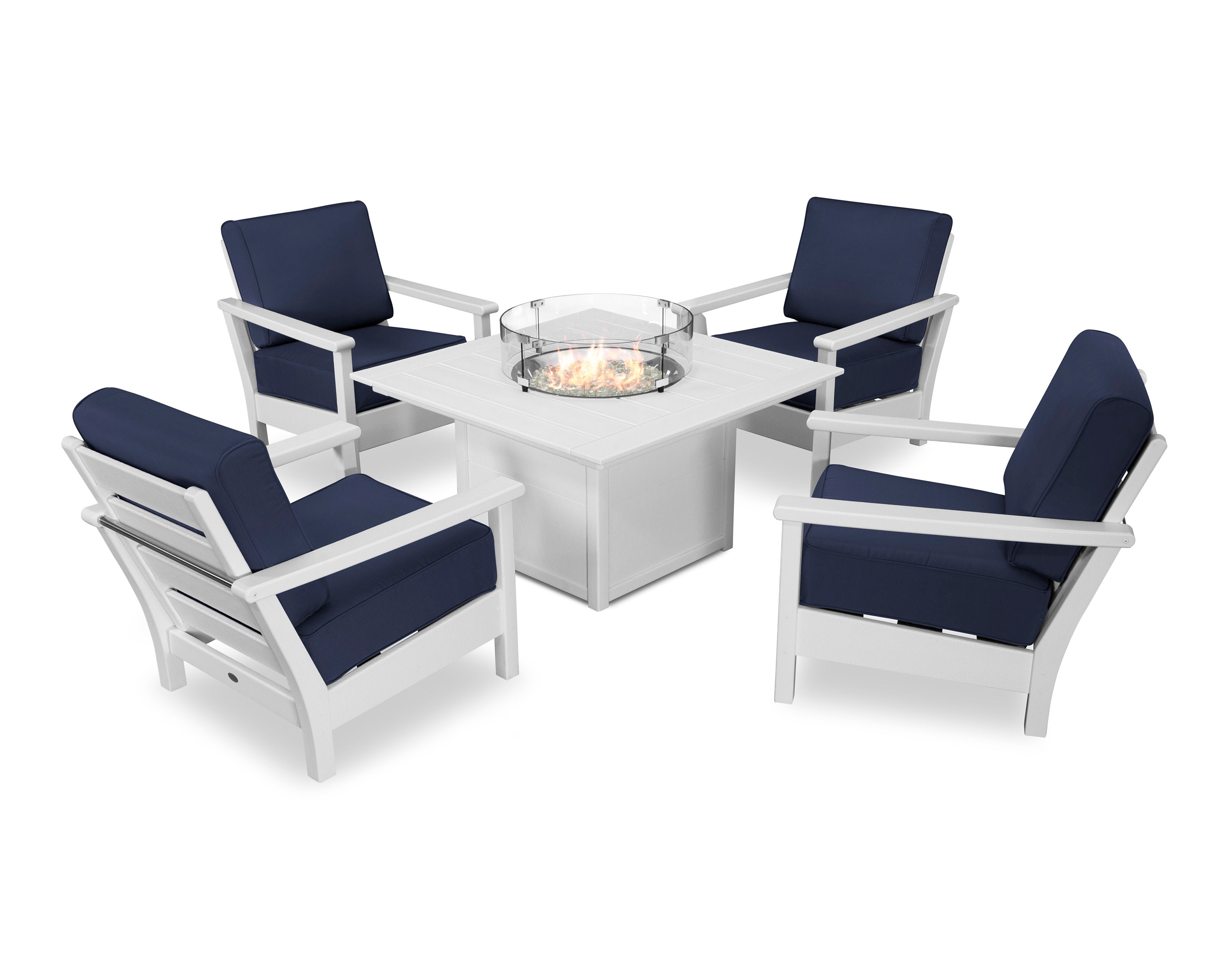 Harbour 5-Piece Conversation Set with Fire Pit Table in White / Navy