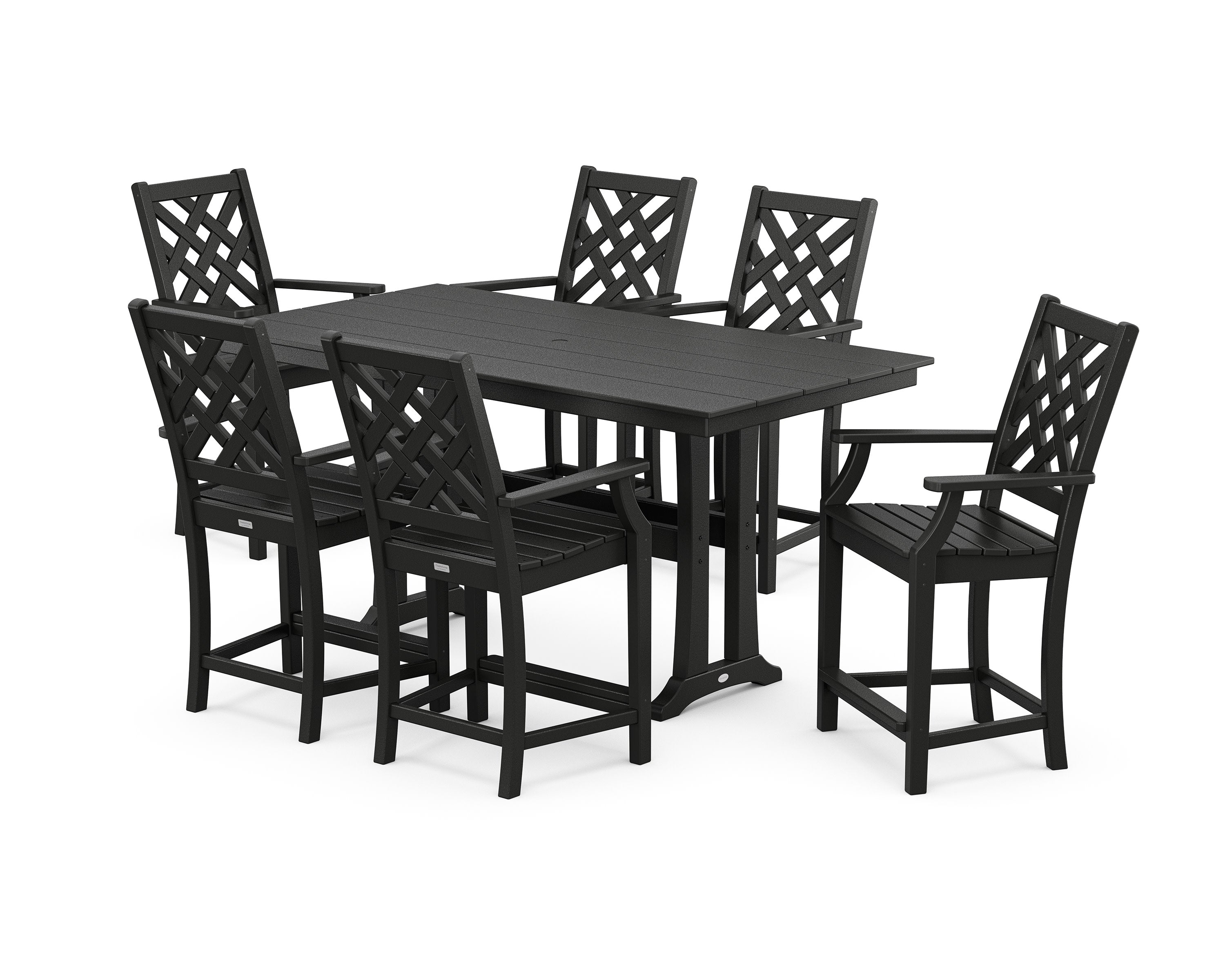 Wovendale Arm Chair 7-Piece Farmhouse Counter Set with Trestle Legs in Black