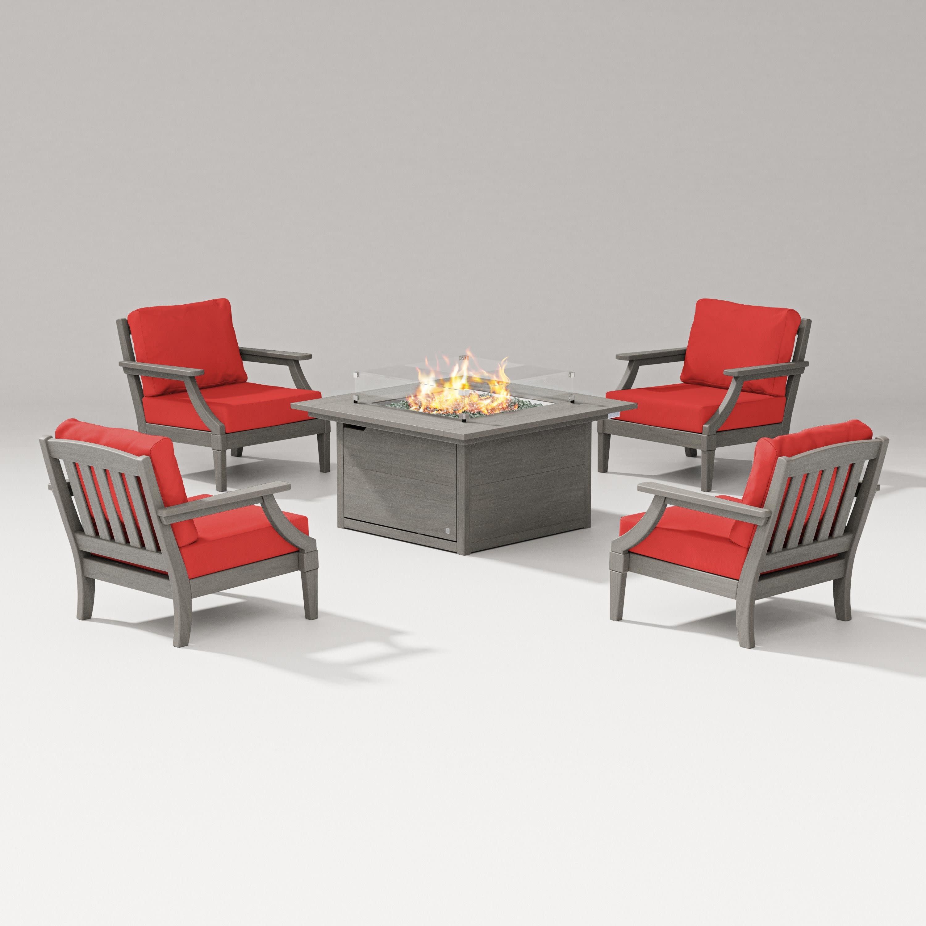 Estate 5-Piece Lounge Fire Table Set in Driftwood / Crimson Linen