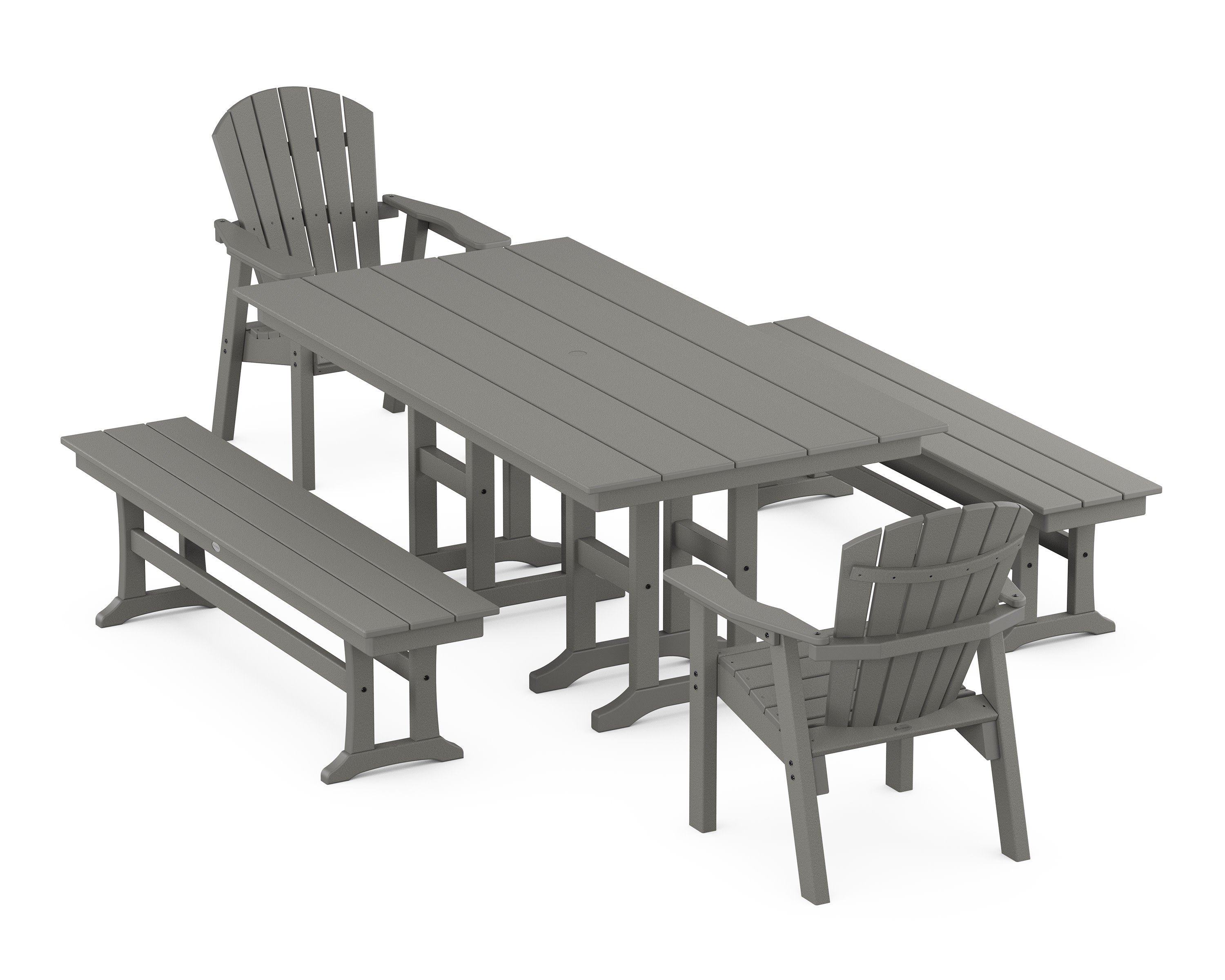 Seashell 5-Piece Farmhouse Dining Set with Benches in Slate Grey