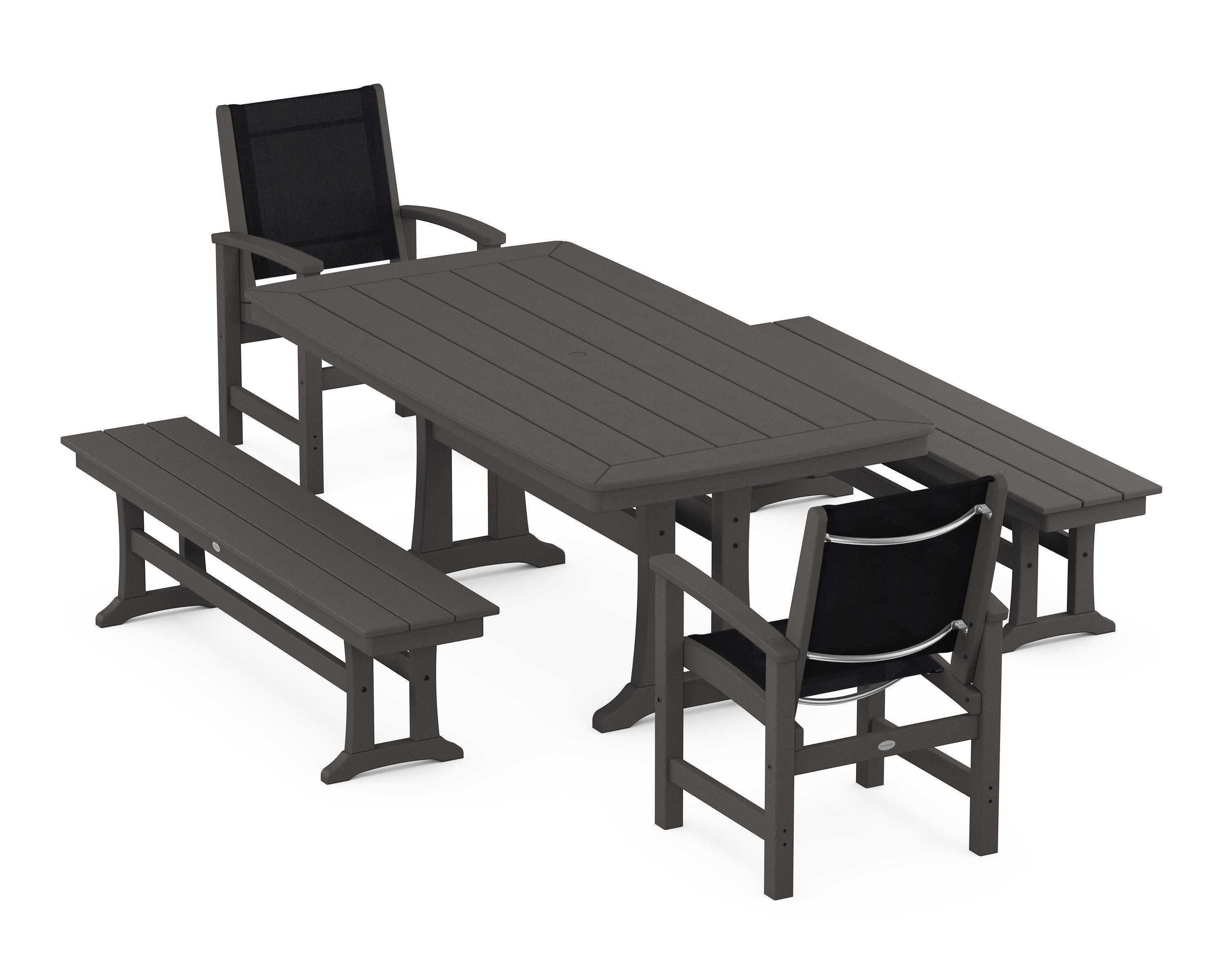 Coastal 5-Piece Dining Set with Trestle Legs and Benches in Vintage Coffee / Black Sling