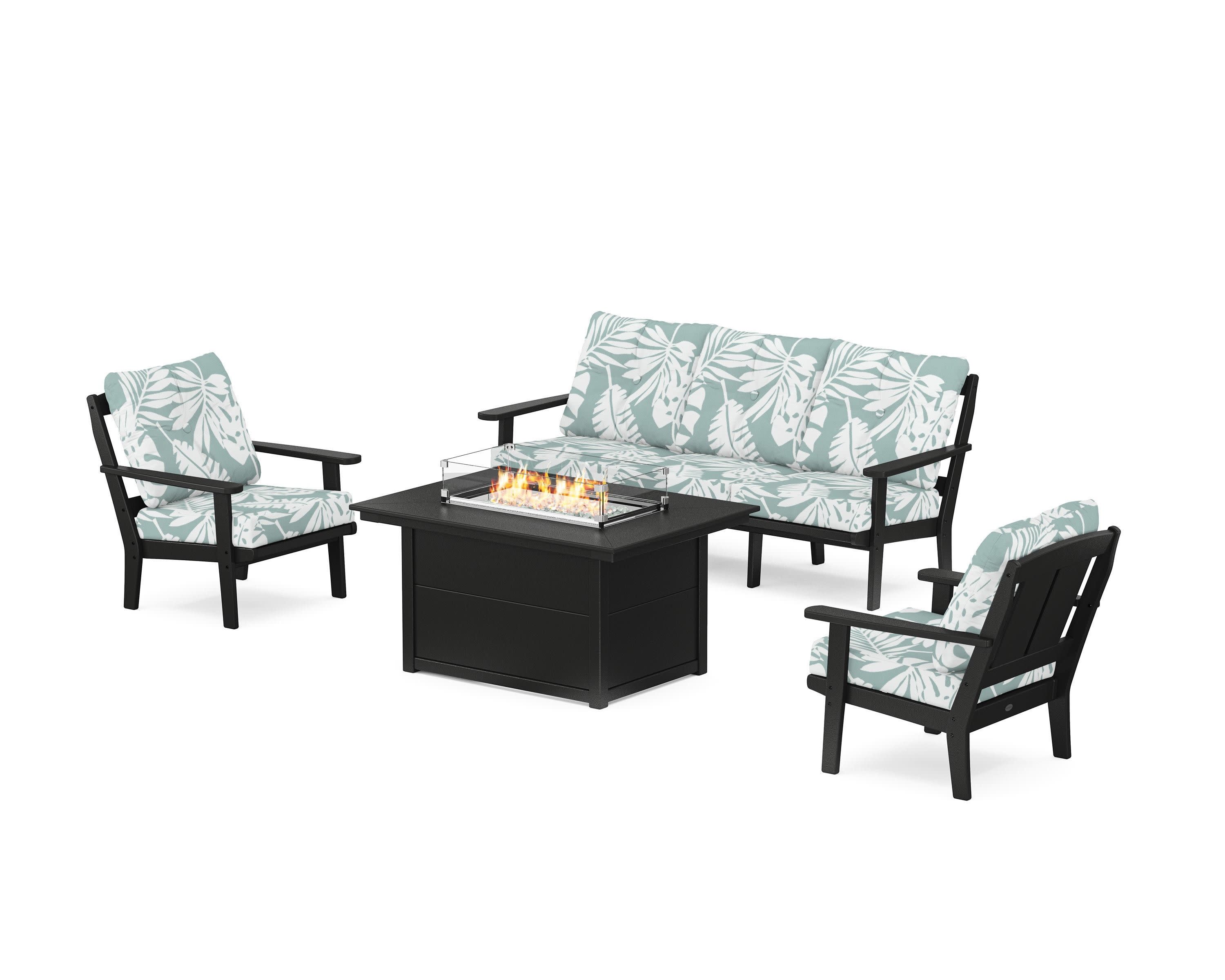 Mission Deep Seating Fire Pit Table Set in Black / Leaf Glacier Spa