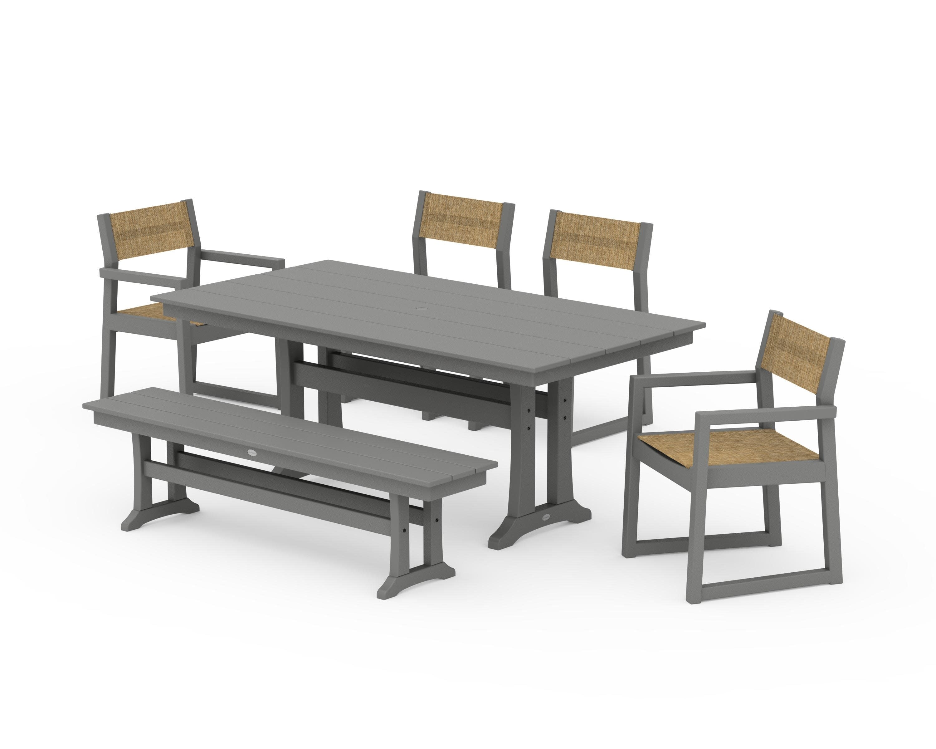 EDGE Sling 6-Piece Farmhouse Dining Set With Trestle Legs in Slate Grey / Burlap Sling