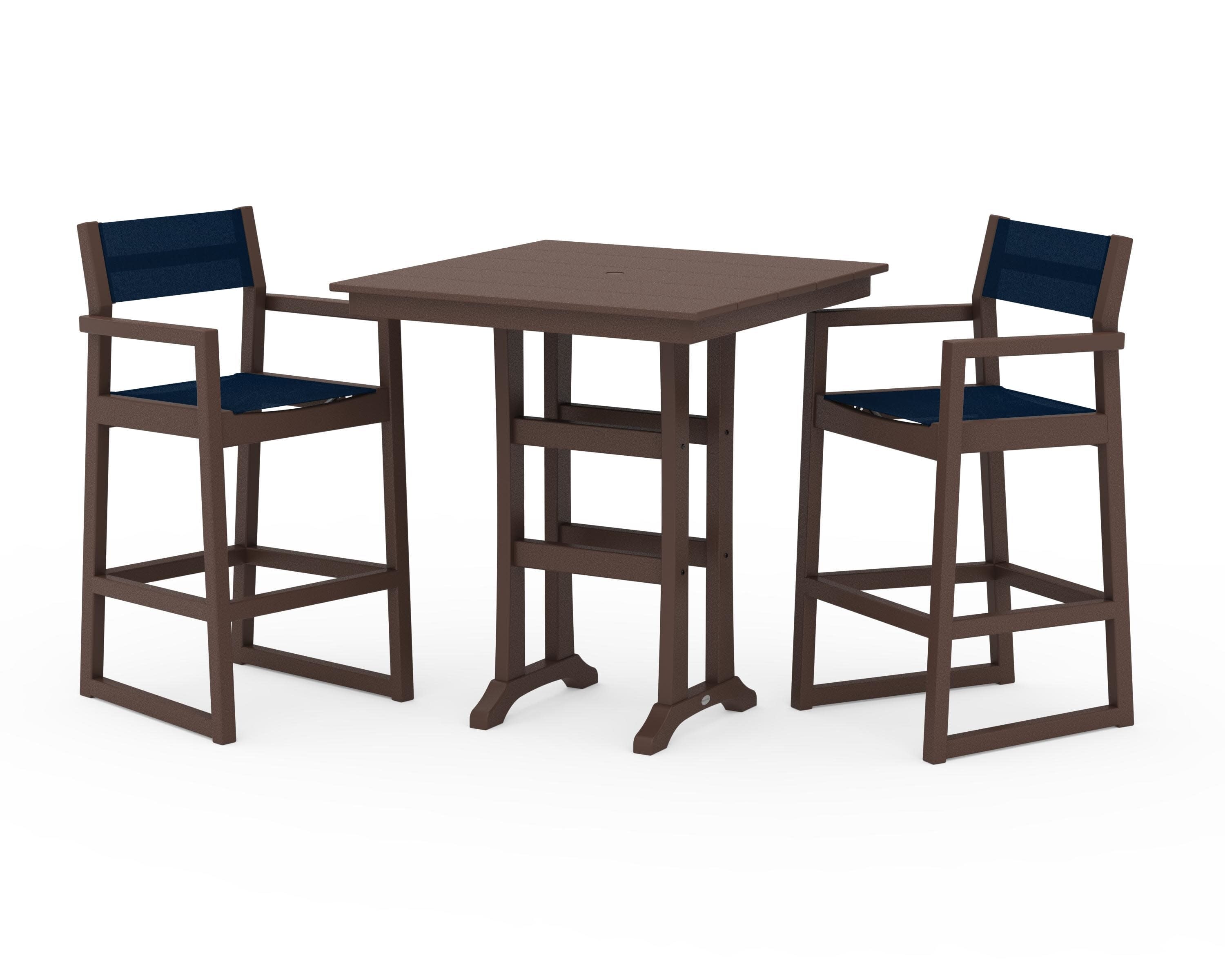 EDGE Sling Arm Chair 3-Piece Farmhouse Bar Set with Trestle Legs in Mahogany / Navy Blue Sling