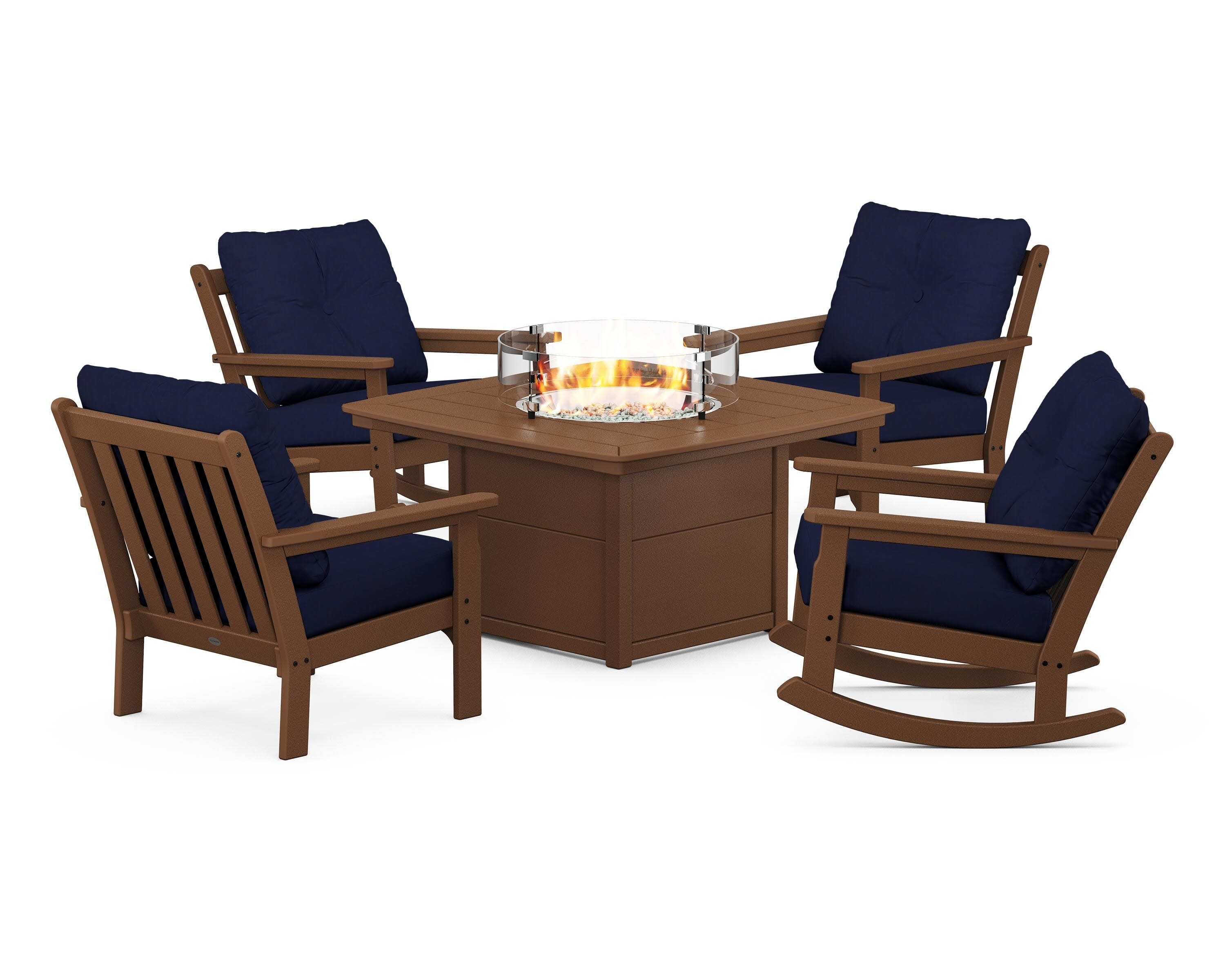 Vineyard 5-Piece Deep Seating Rocking Chair Conversation Set with Fire Pit Table in Teak / Navy