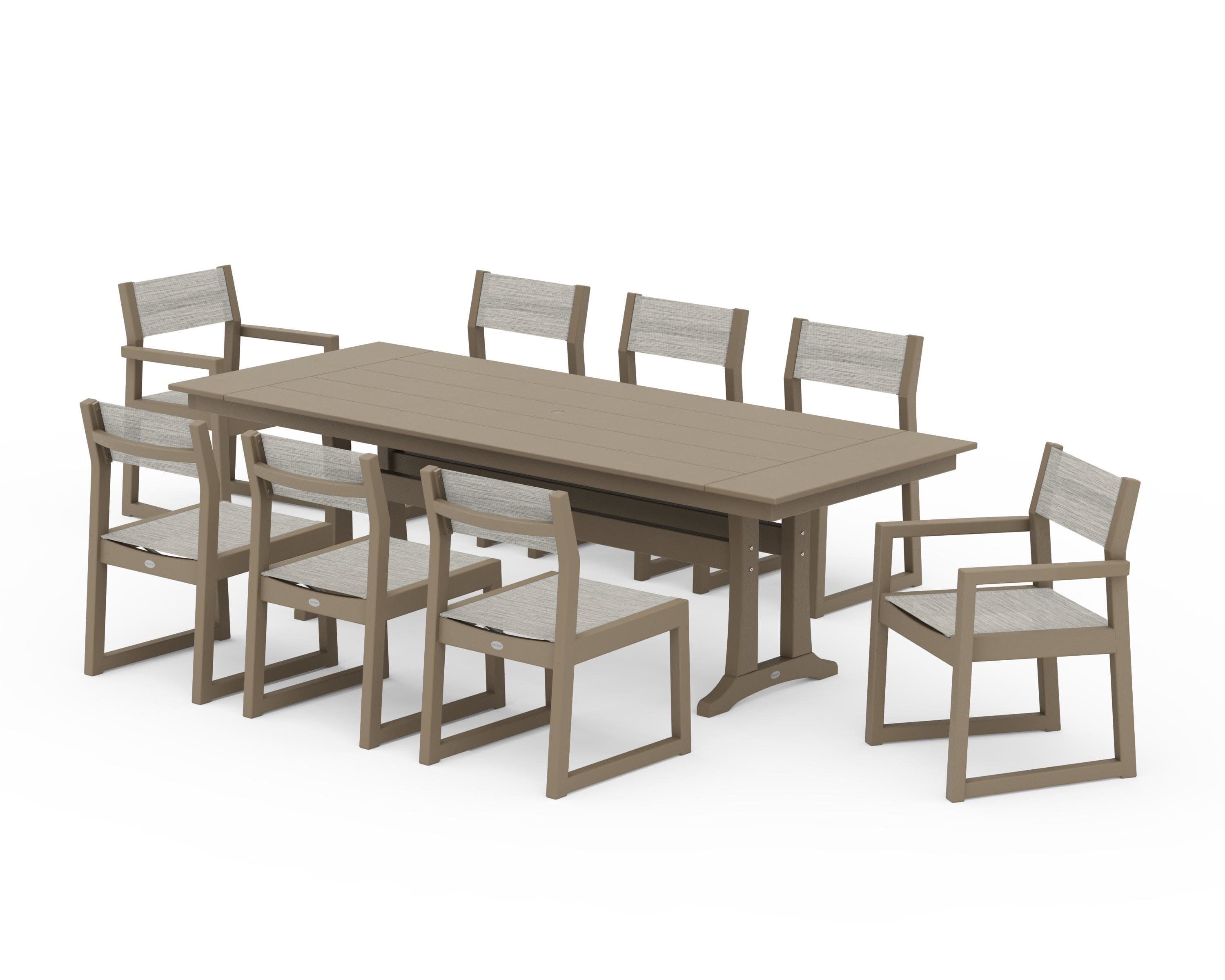 EDGE Sling 9-Piece Farmhouse Trestle Dining Set in Vintage Sahara / Birch Sling