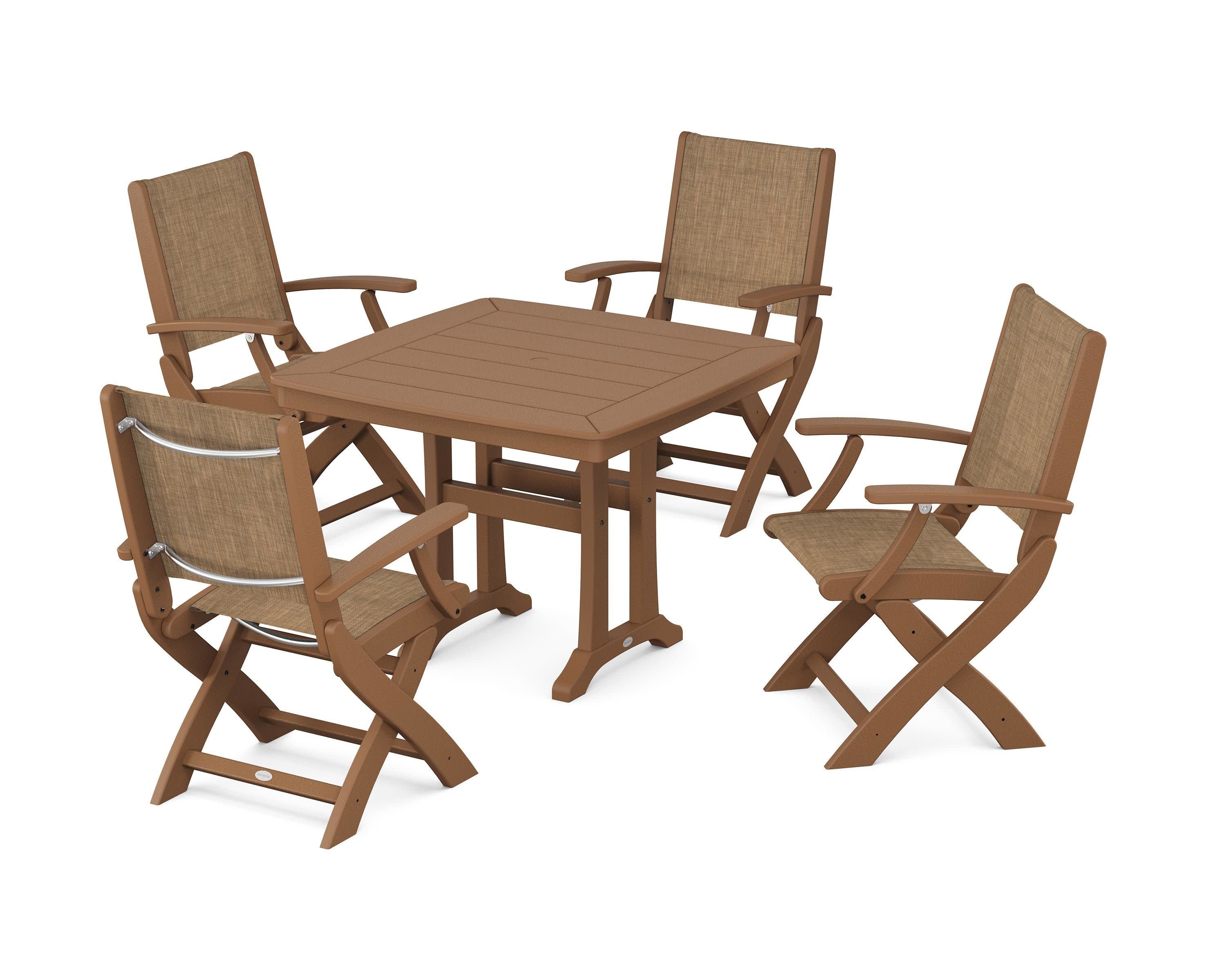 Coastal Folding Chair 5-Piece Dining Set with Trestle Legs in Teak / Burlap Sling