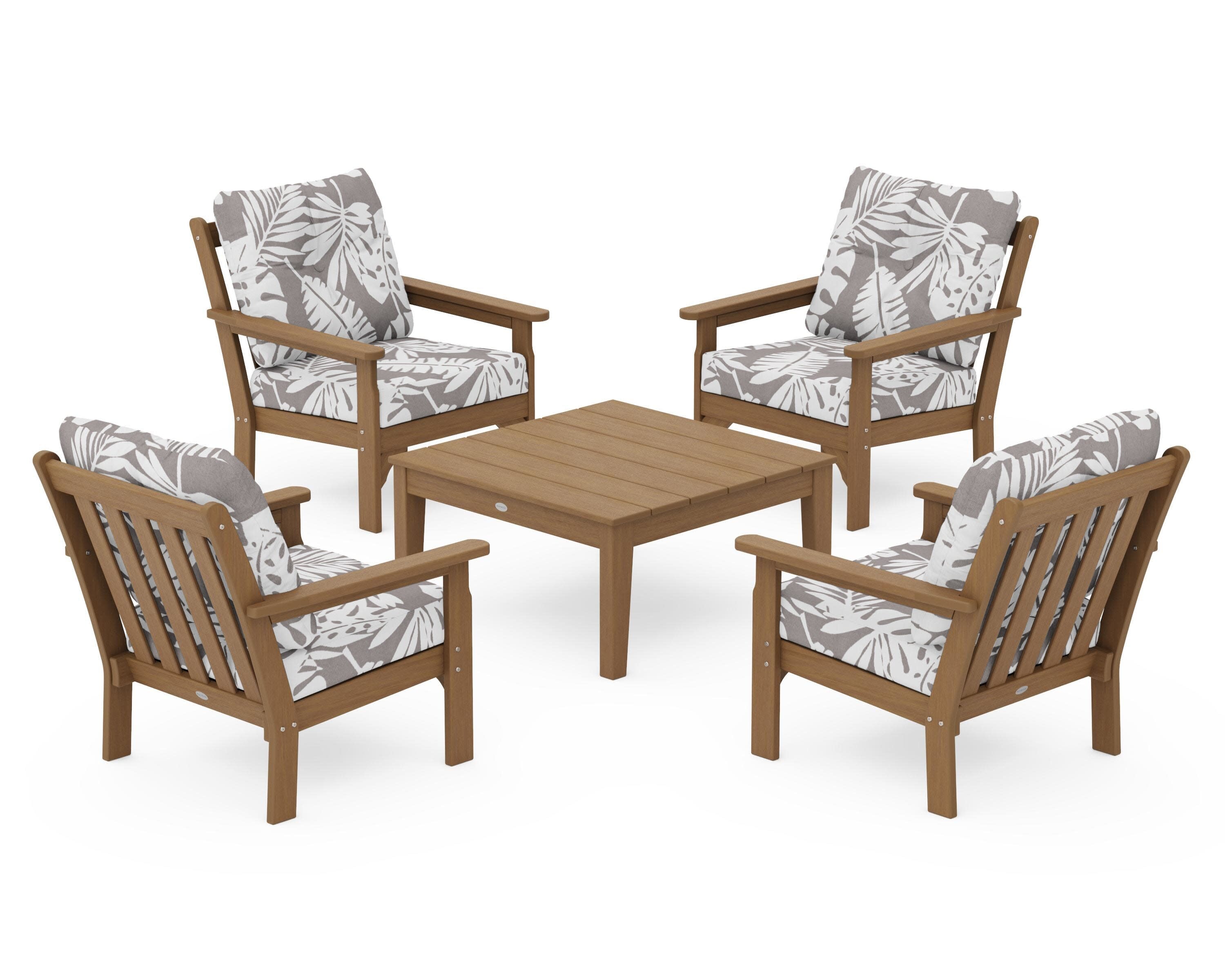 Vineyard 5-Piece Deep Seating Conversation Set in Natural / Leaf Grey Mist