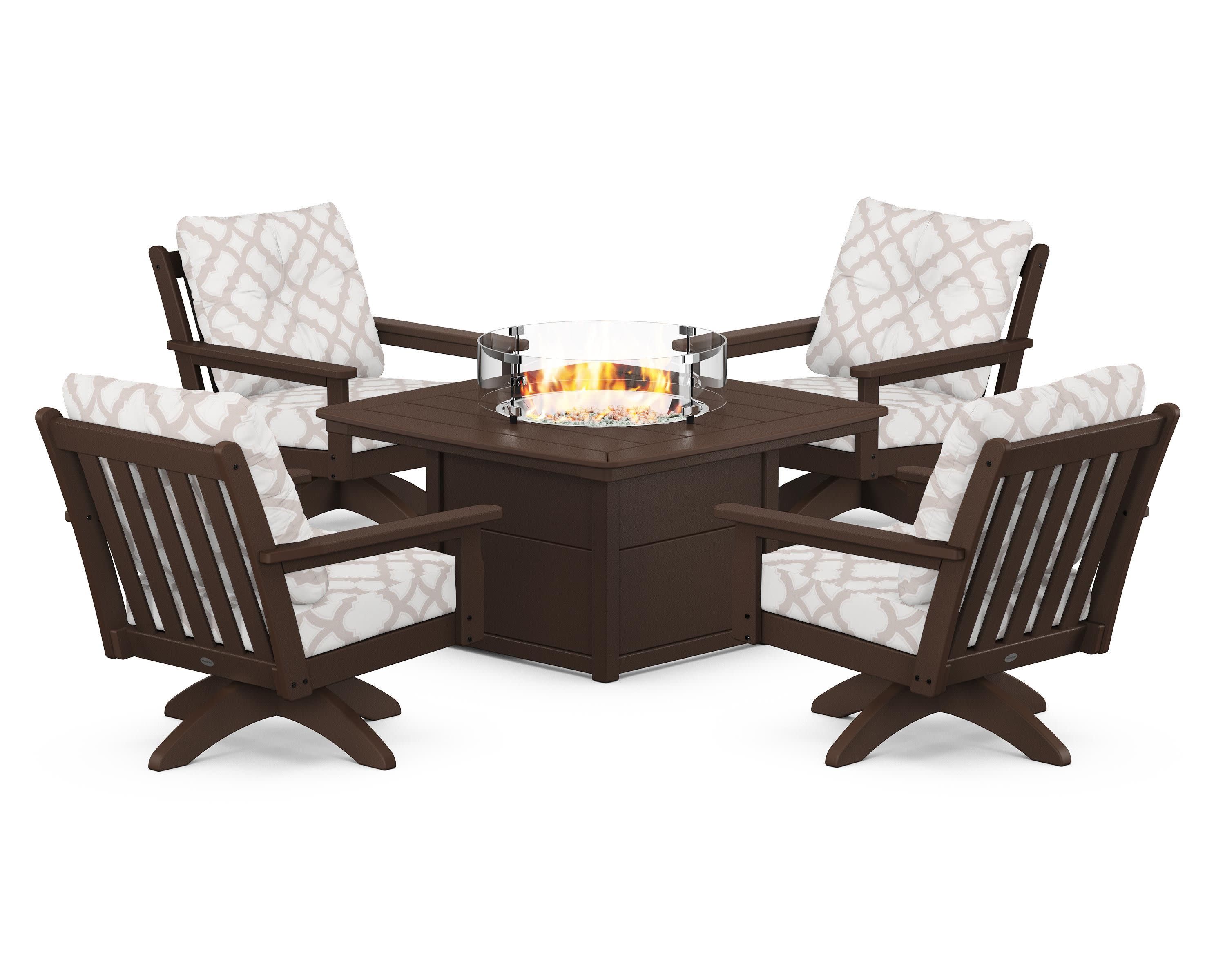 Vineyard 5-Piece Deep Seating Swivel Conversation Set with Fire Pit Table in Mahogany / Trellis Dune Burlap