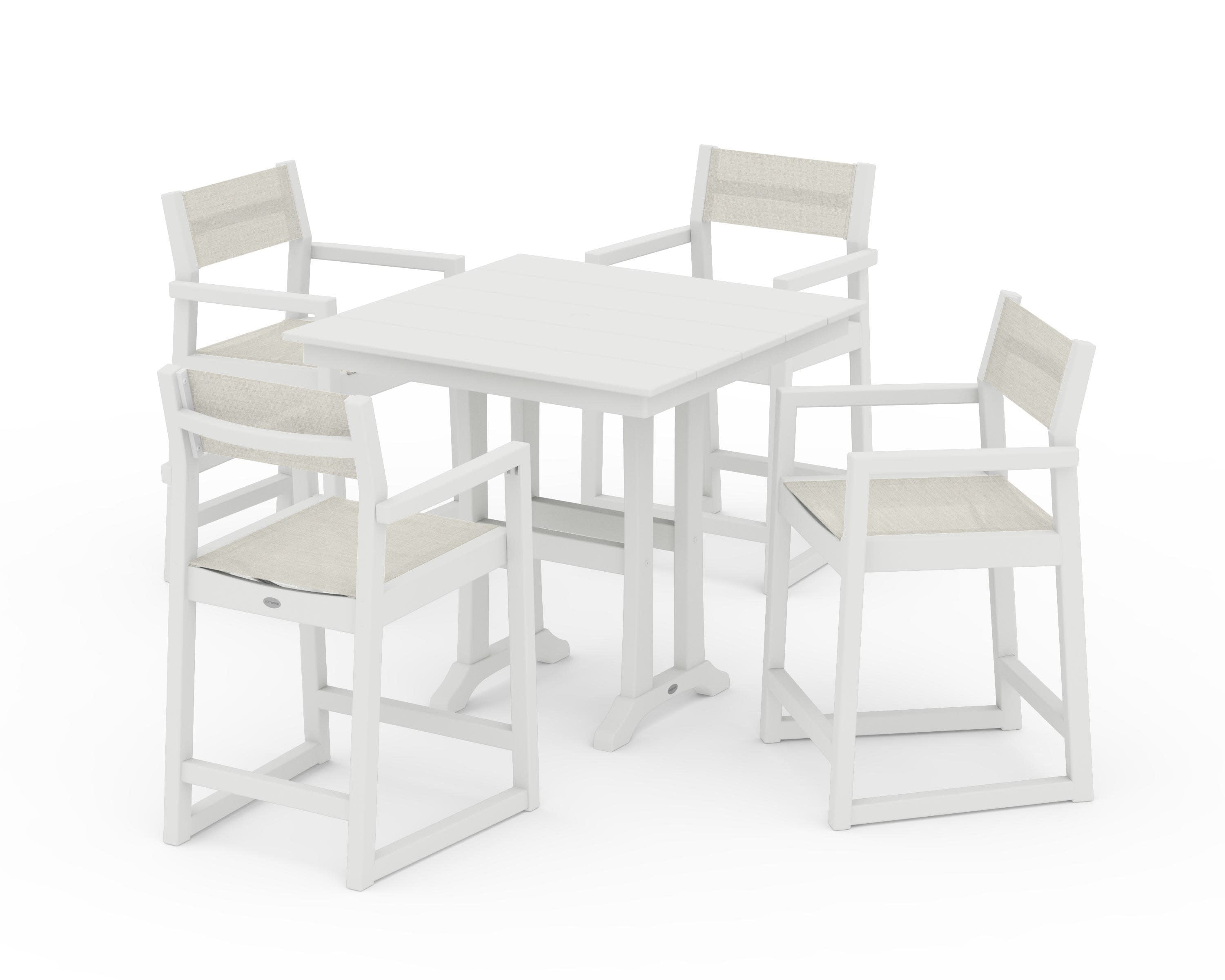 EDGE Sling Arm Chair 5-Piece Farmhouse Counter Set with Trestle Legs in Vintage White / Parchment Sling