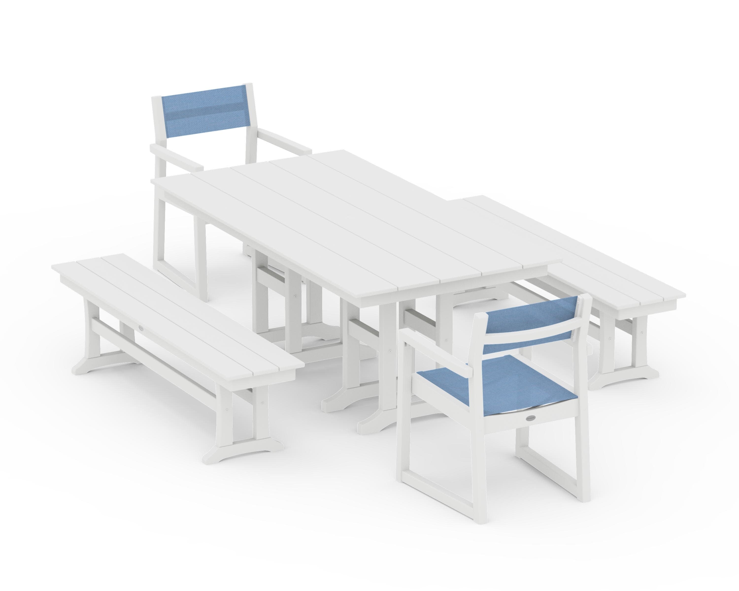 EDGE Sling Arm Chair 5-Piece Farmhouse Dining Set with Benches in White / Poolside Sling