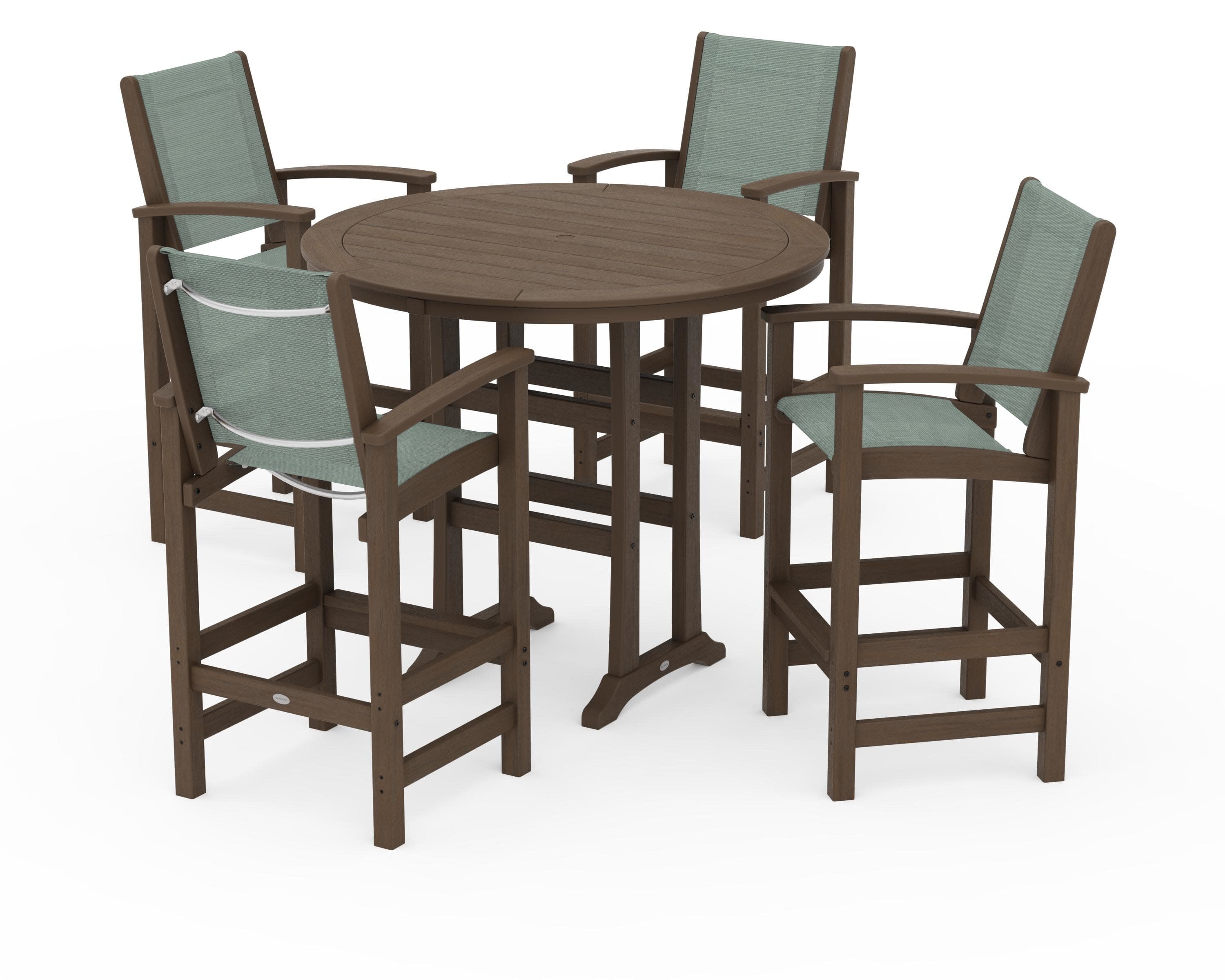 Coastal 5-Piece Nautical Trestle Bar Set in Kona / Dupioni Sea Mist Sling
