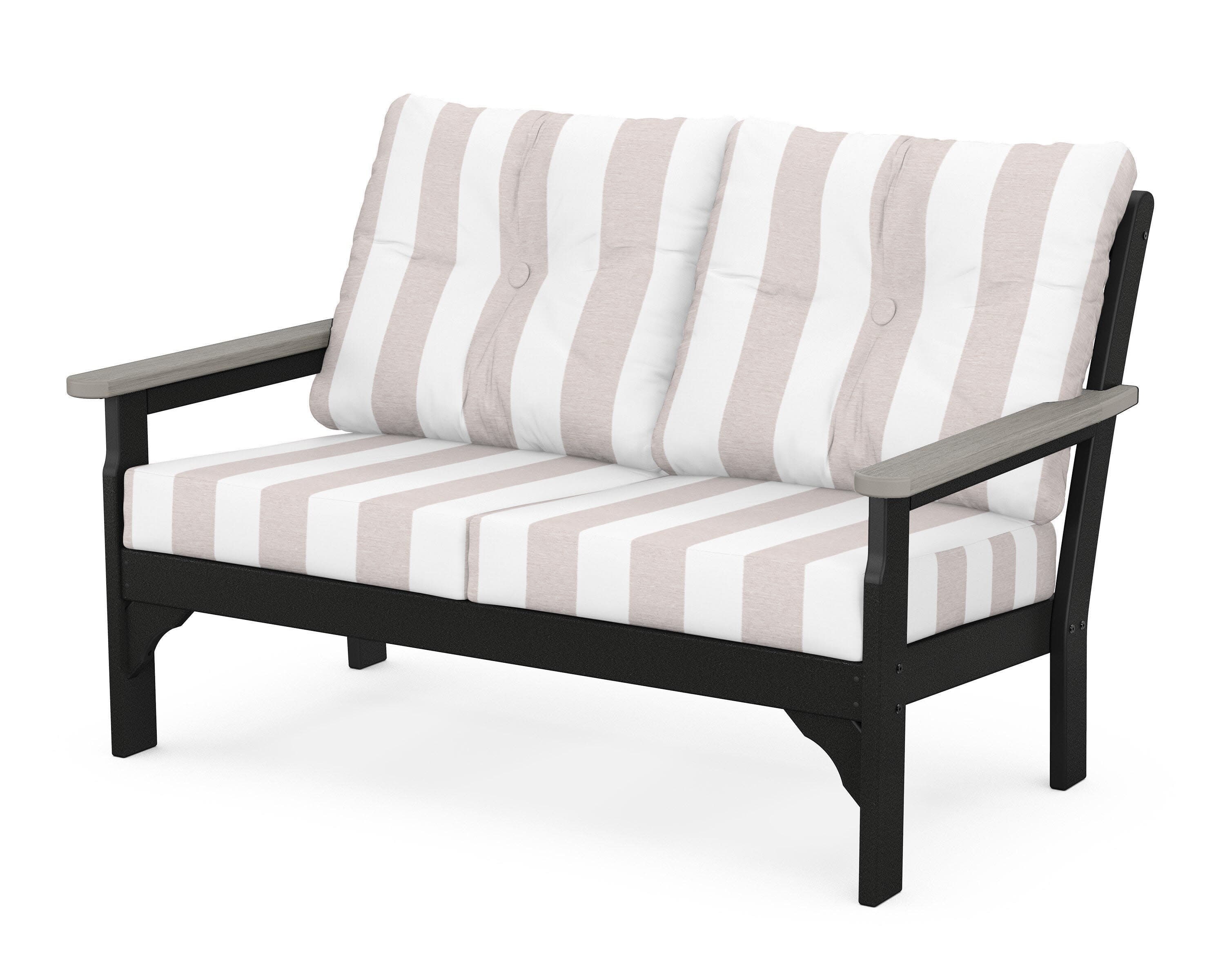Vineyard Deep Seating Loveseat in Black / Driftwood / Cabana Stripe Dune Burlap