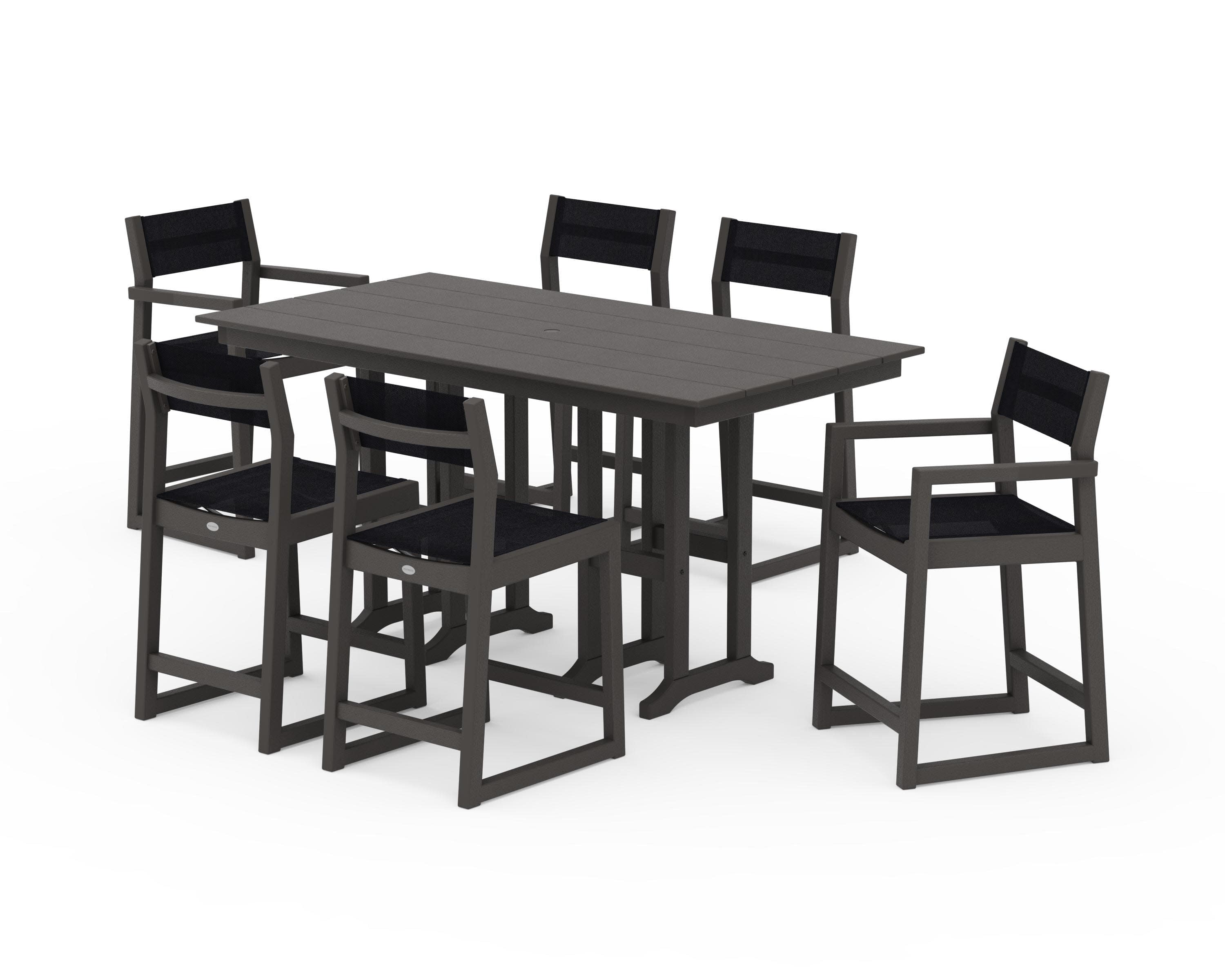 EDGE Sling 7-Piece Farmhouse Counter Set with Trestle Legs in Vintage Coffee / Black Sling