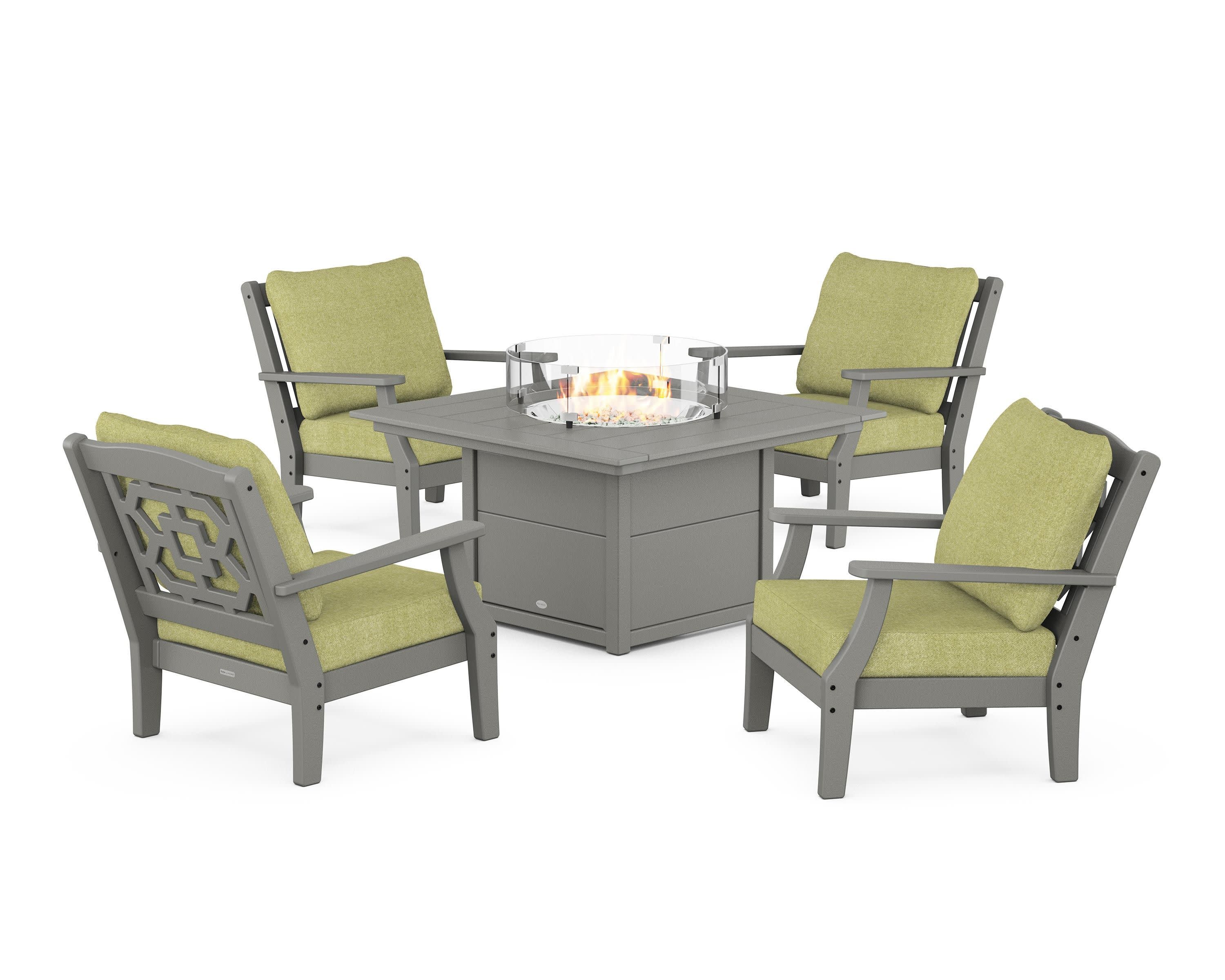 Chinoiserie 5-Piece Deep Seating Set with Fire Pit Table in Slate Grey / Chartreuse Boucle